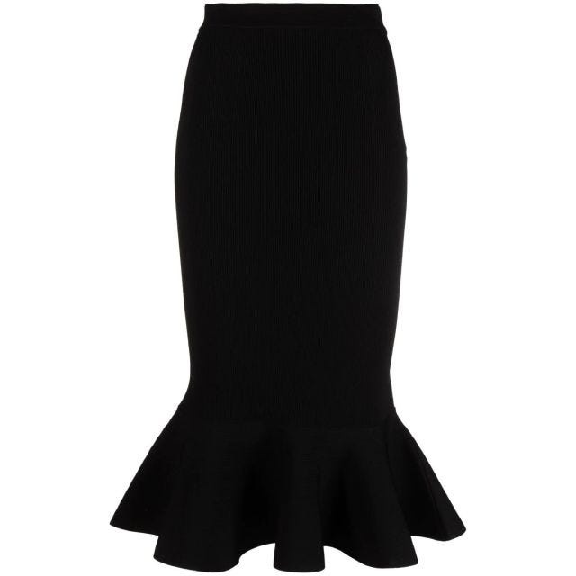 Black midi knit skirt with flared flounce hemline - 1