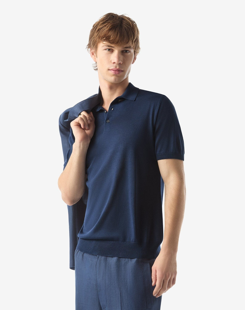 CORNELIANI China blue pure silk button-up polo outlook