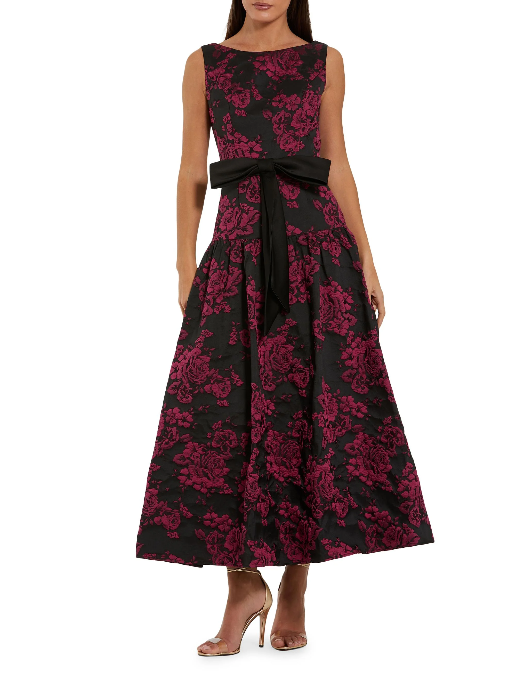 Women's Satin Bow-Waist Floral Brocade Midi-Dress - Magenta Multi - 1