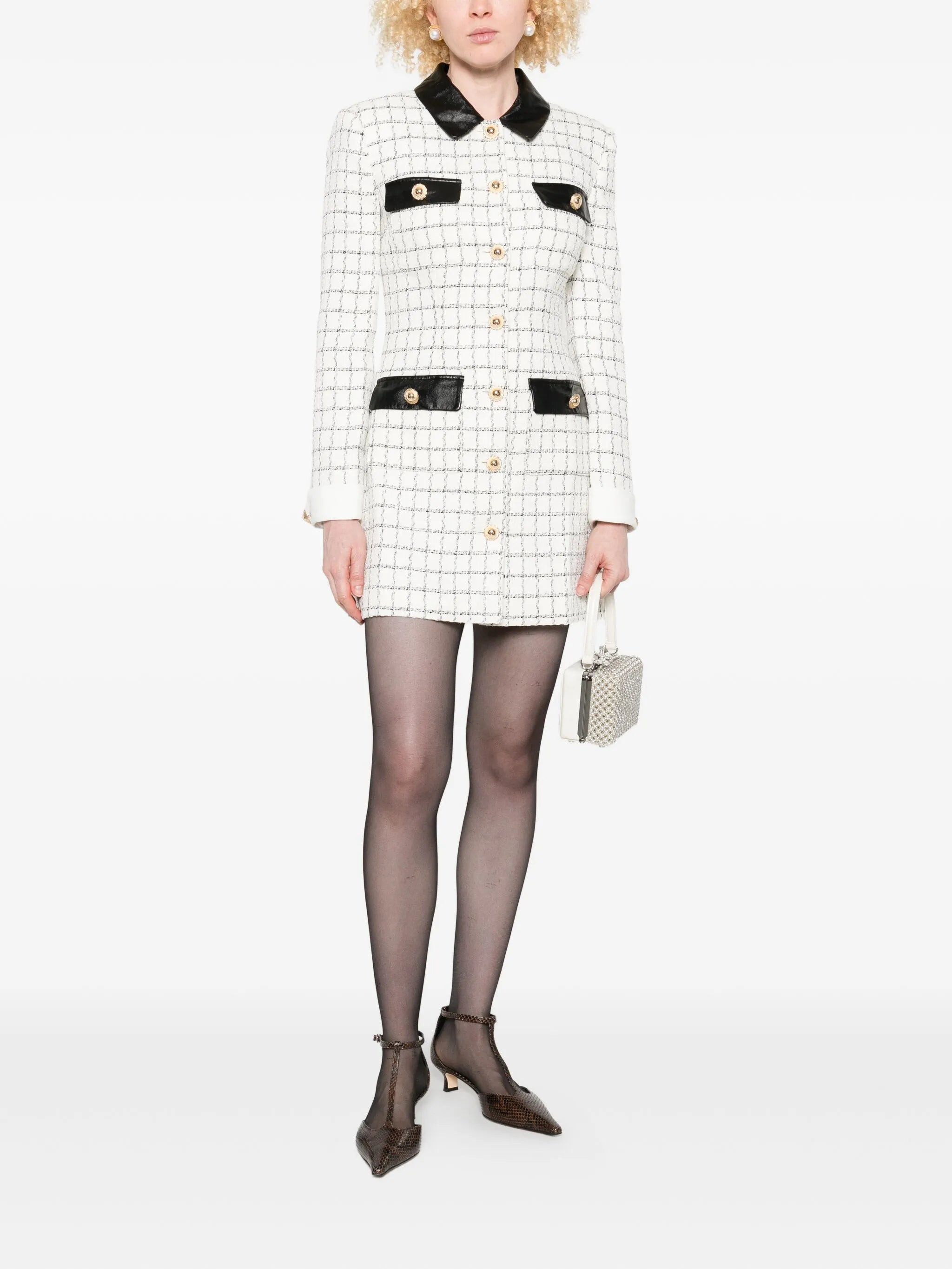 Self-portrait Checked Leather-trimmed Mini Dress - 2