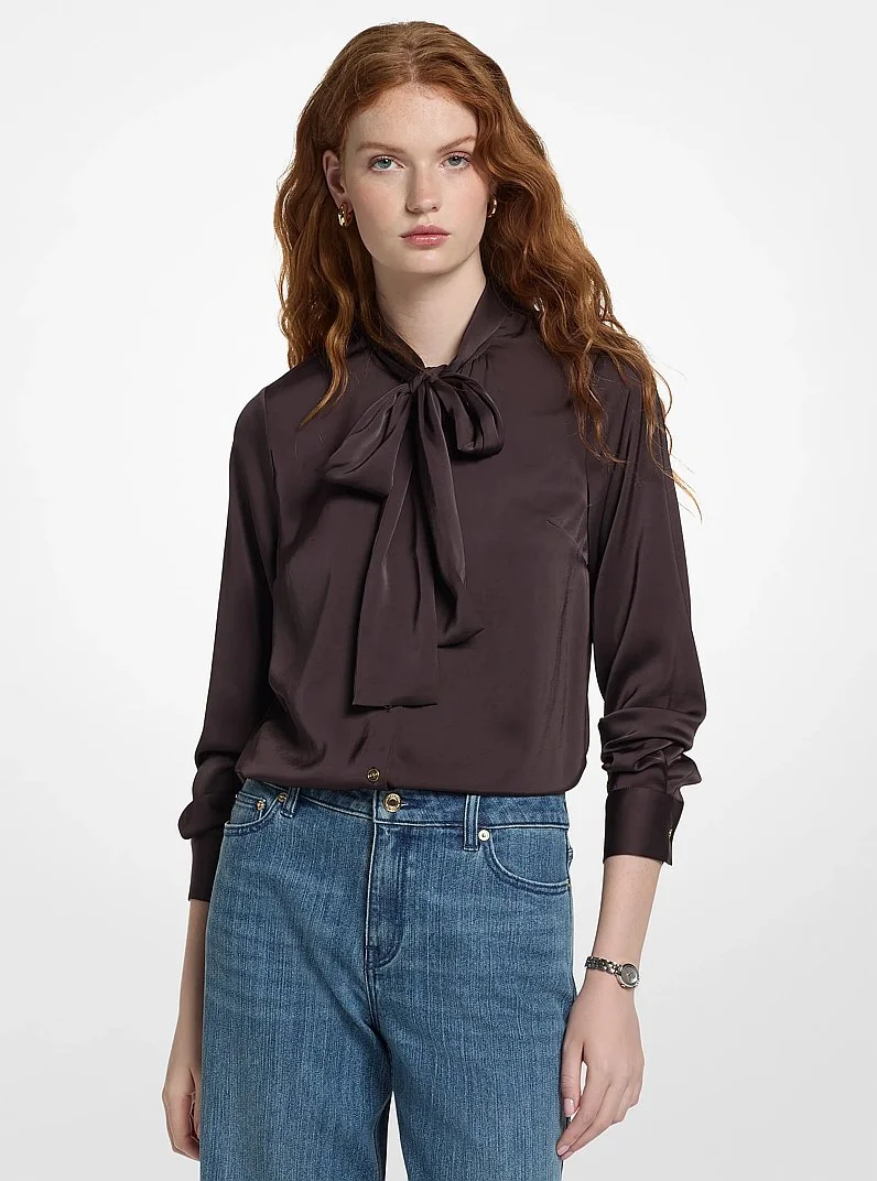Satin Tie-Neck Blouse - 1