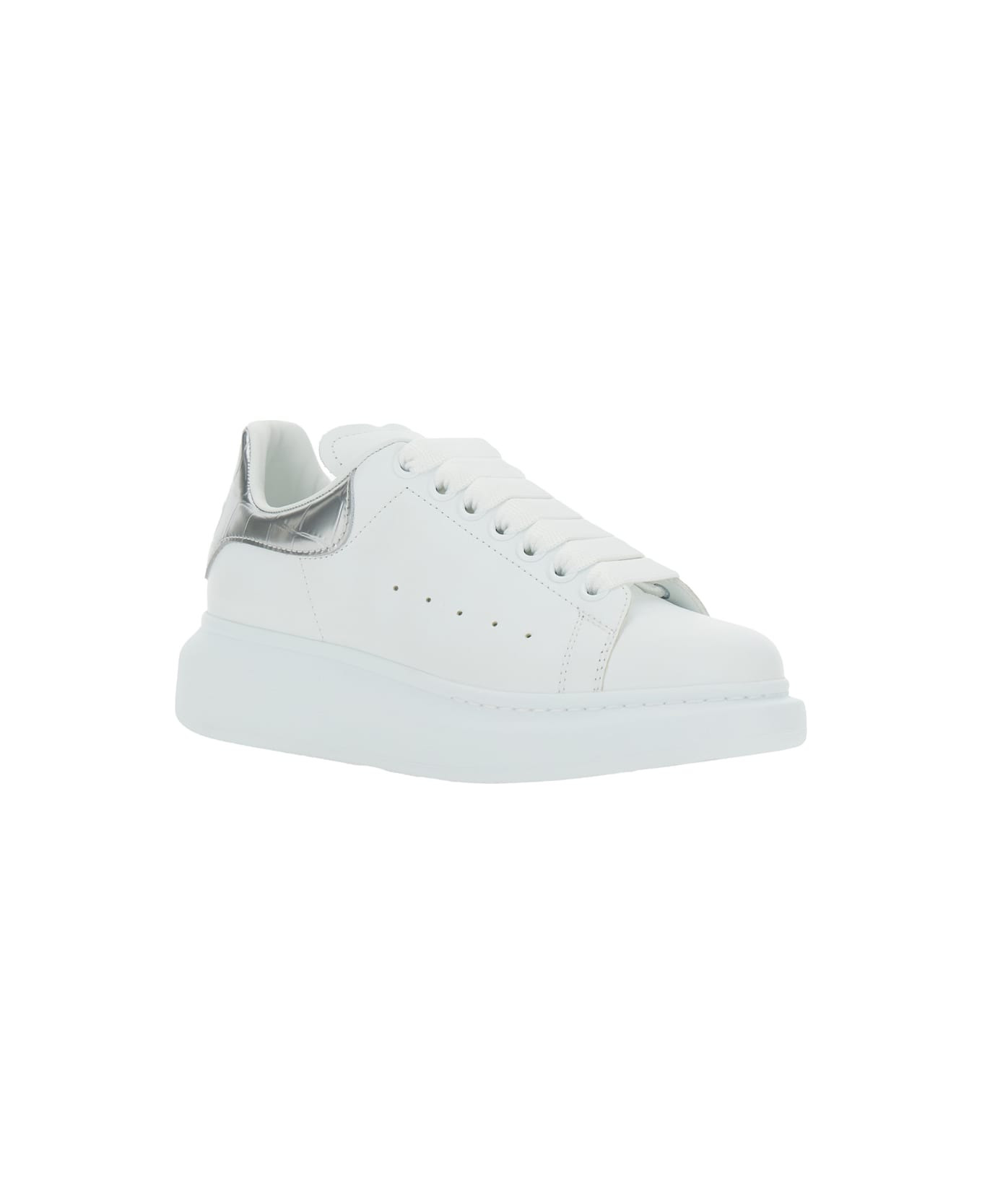 White Leather Sneakers With Silver Leather Heel - 2