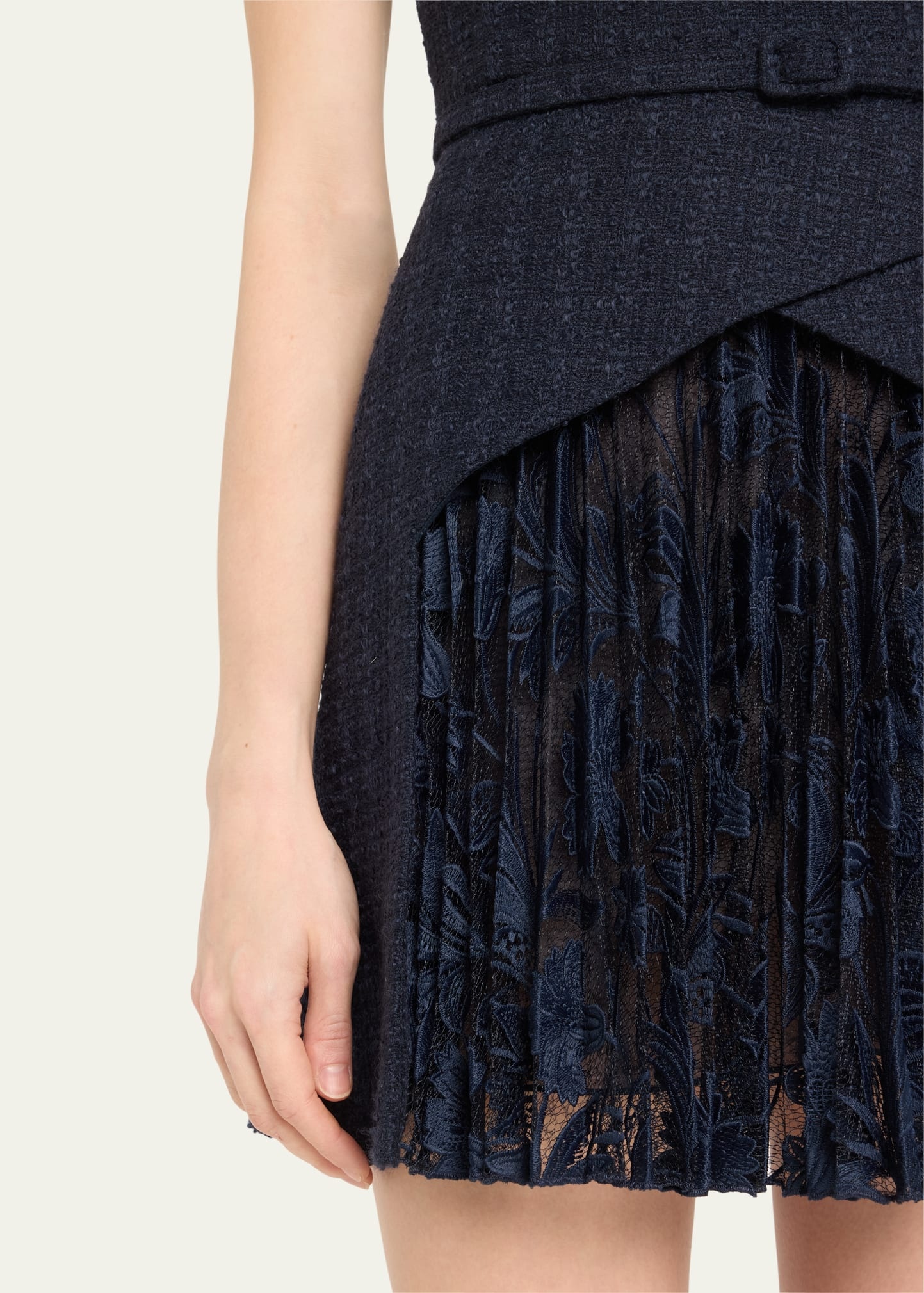 Carnation Guipure Pleated Mini Dress with Self Belt - 5