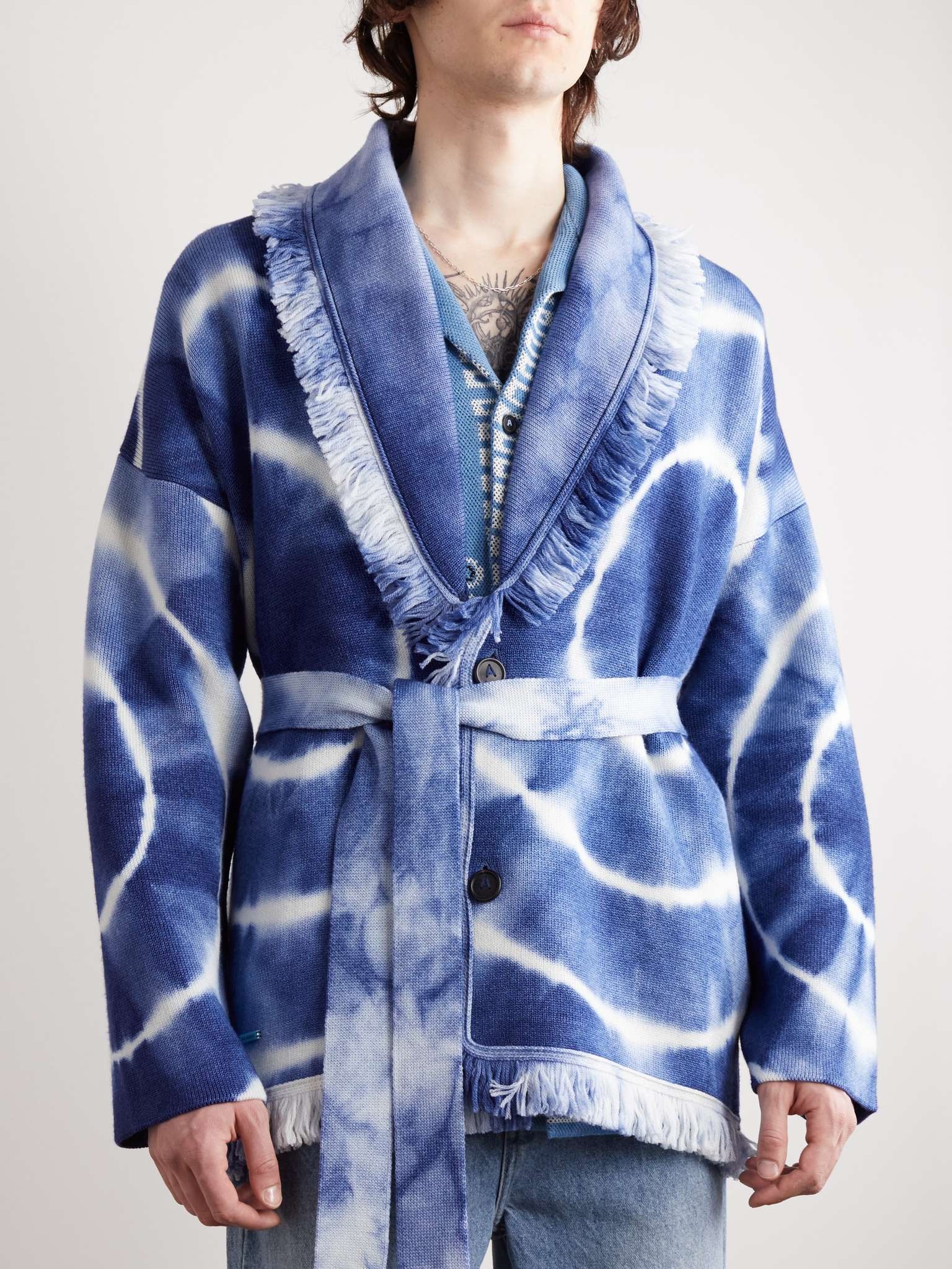 Shawl-Collar Fringed Belted Tie-Dyed Wool Cardigan - 4