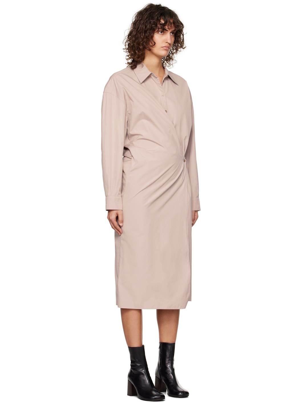 Pink Straight Collar Twisted Midi Dress - 2