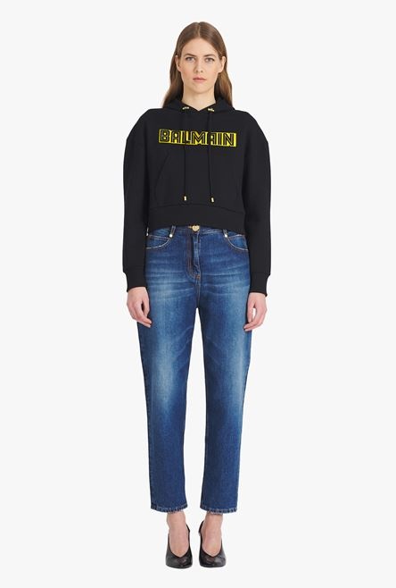 Cropped black cotton sweatshirt with gold Balmain logo - 4