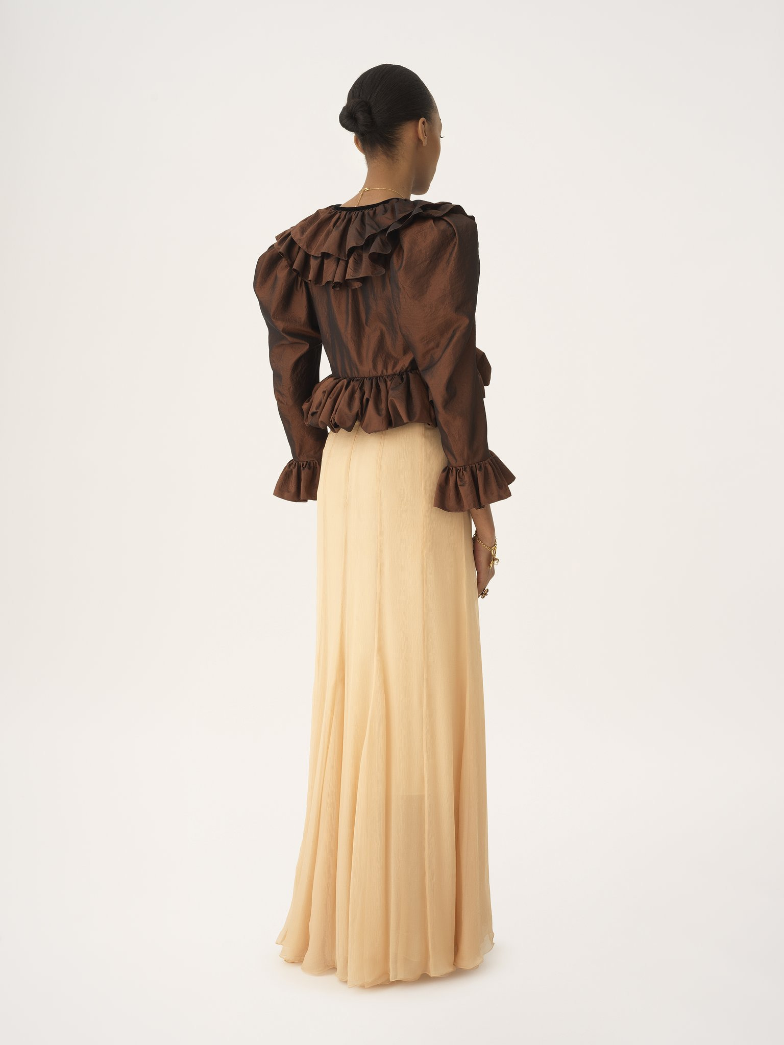 CROPPED V-NECK RUFFLE TOP IN WASHED SILK TAFFETA - 6