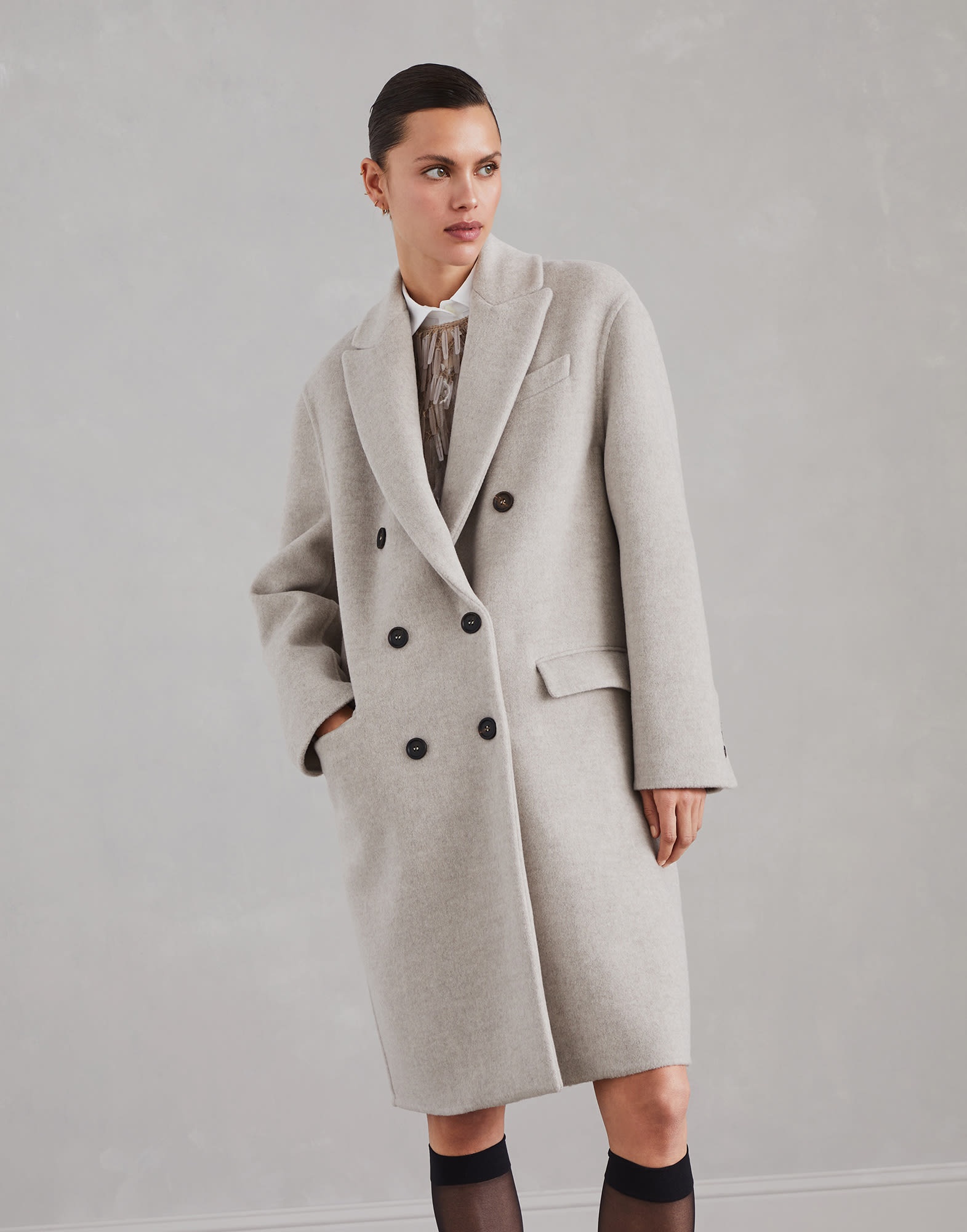 Hand-crafted virgin wool and cashmere double cloth coat with monili - 1