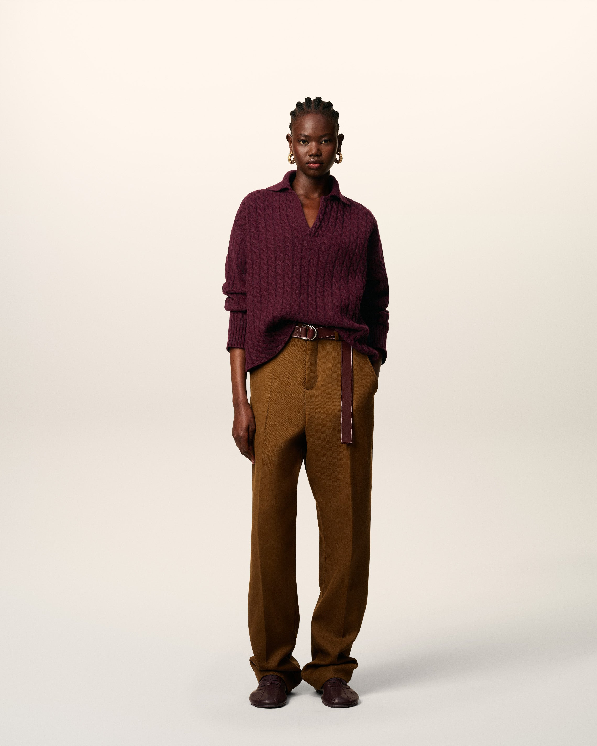 BURGUNDY WOOL CABLES KNIT POLO - 2