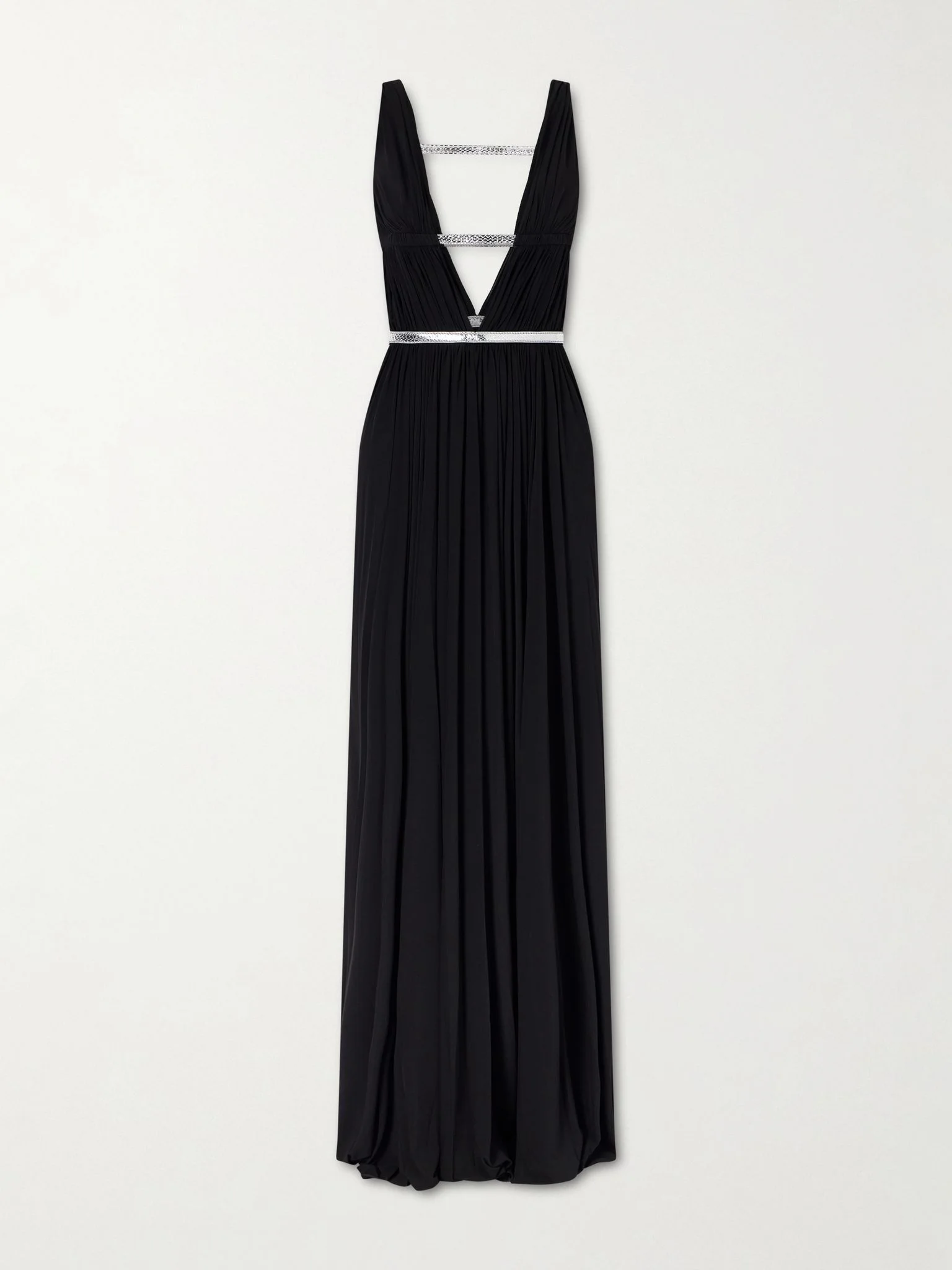 Pleated metallic elaphe-trimmed jersey gown Black - 1