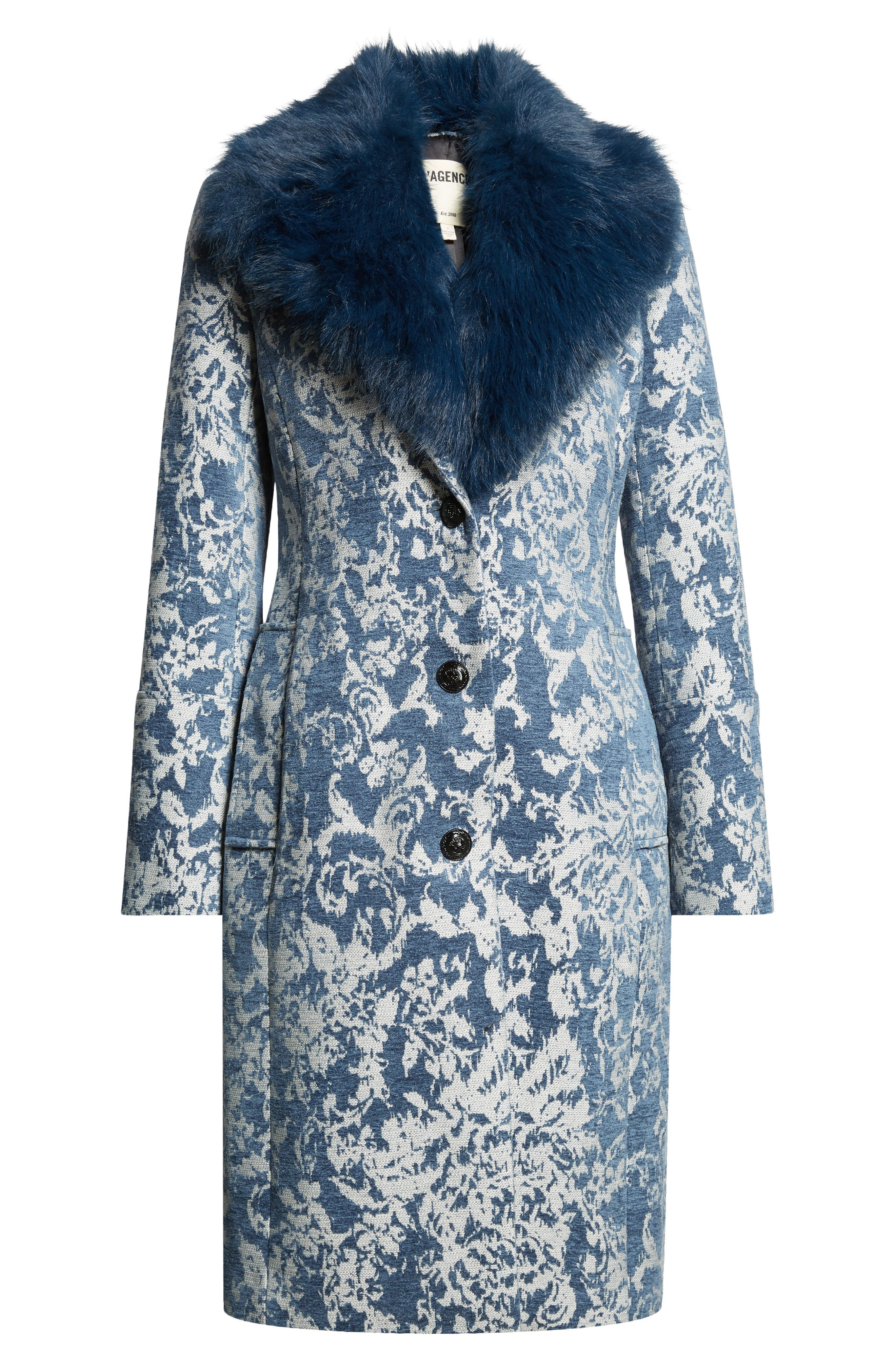 L'AGENCE Laney Metallic Faux Fur Collar Coat in Dark Blue Stone Jacquard at Nordstrom - 7