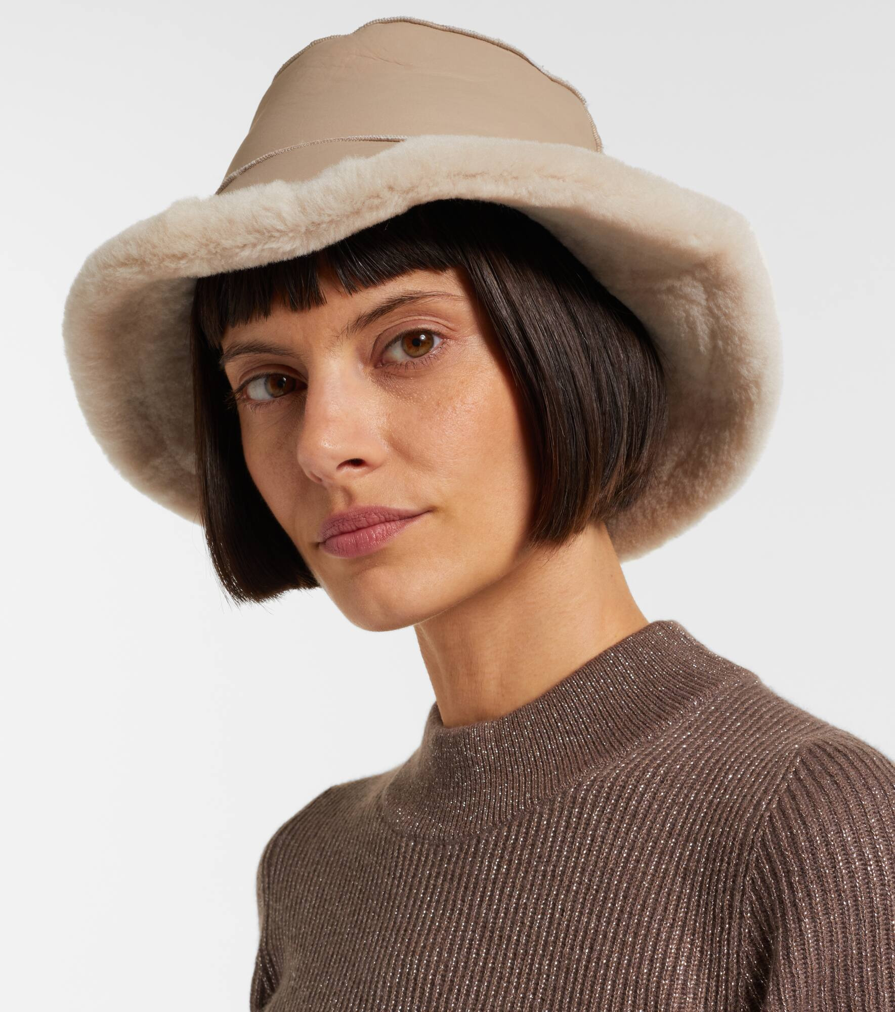 Shearling-trimmed leather boater hat - 5