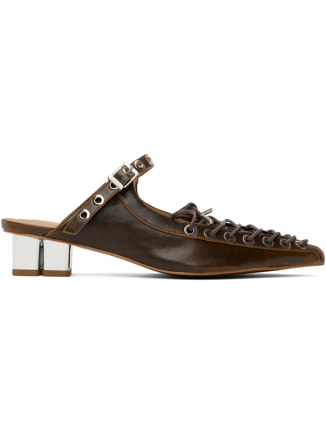 Brown Oleatex Lace-Up Mules - 1
