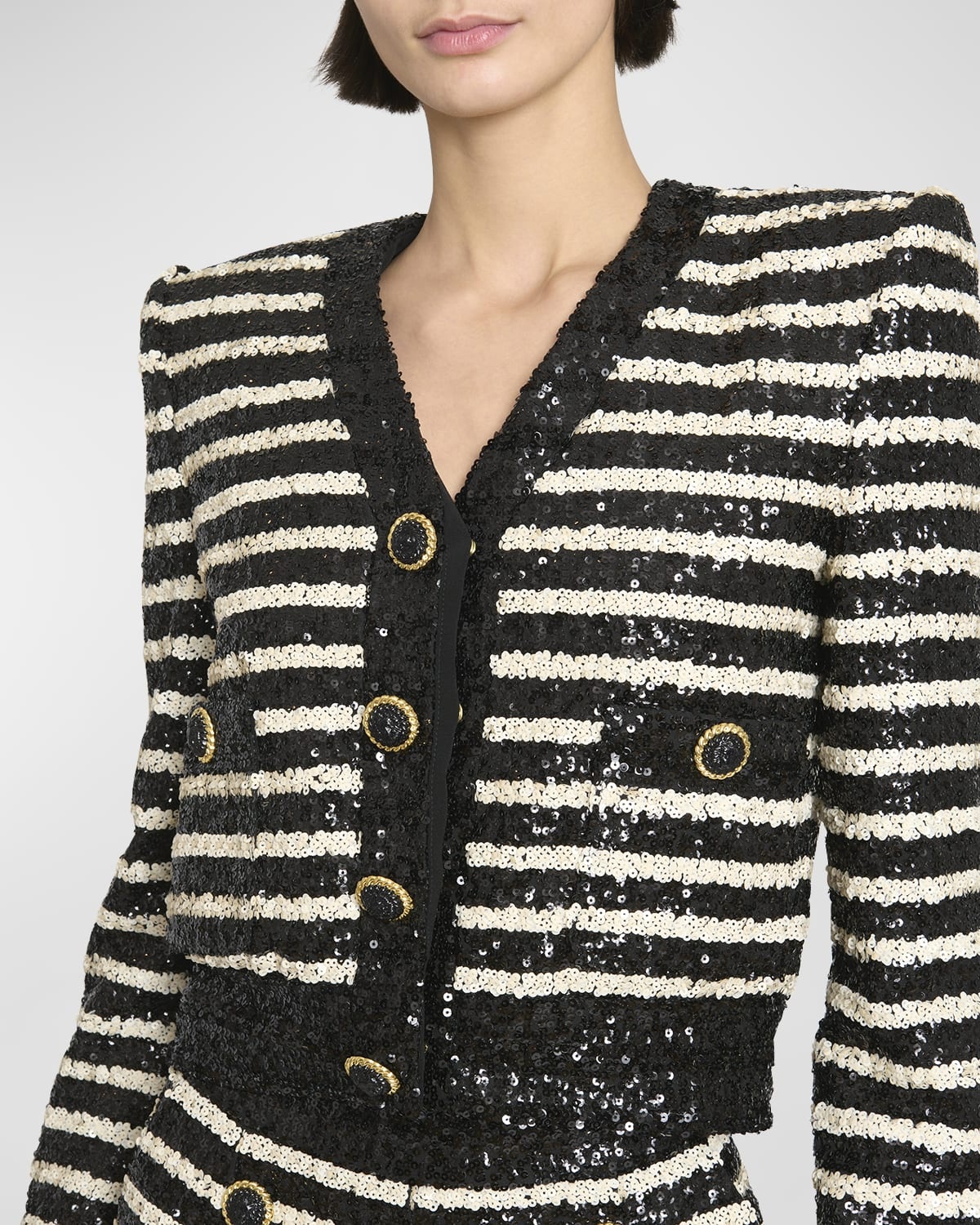 Striped Sequined Crop Jacket with Button Details - 5