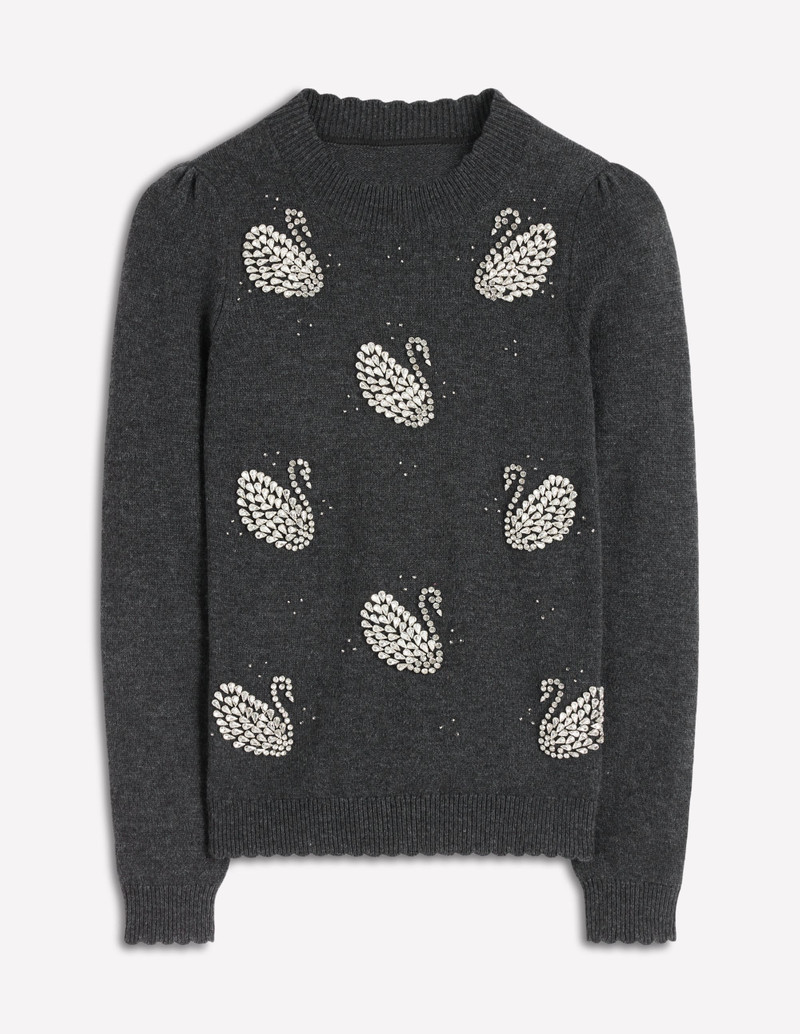 Elizabeth Embellished Sweater-Charcoal Melange Swans 8