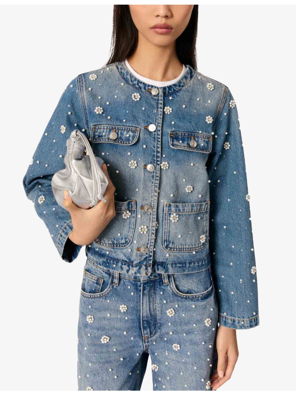 Embellished faded-wash denim jacket - 3
