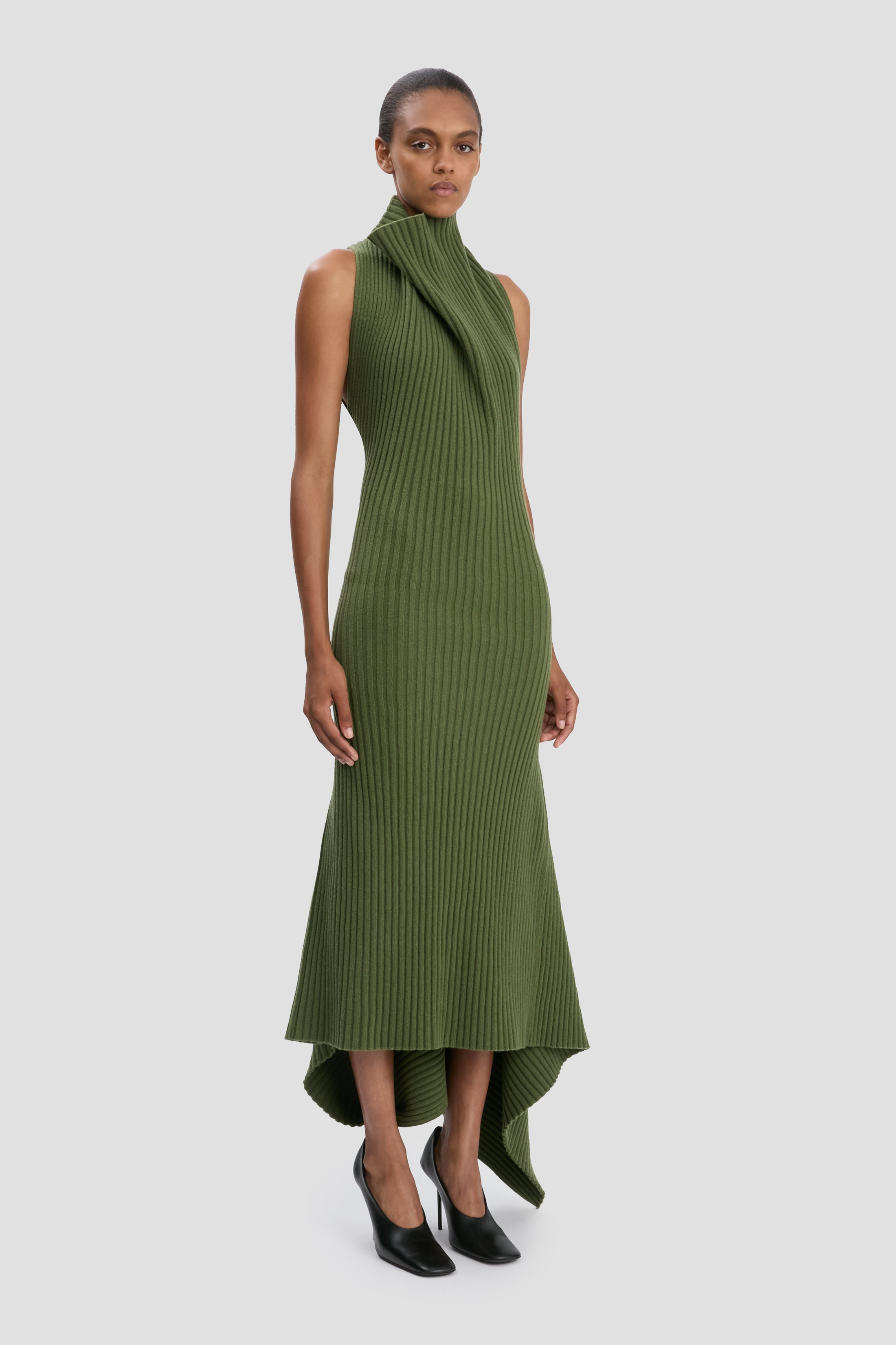 Draped Sleeveless Rib Midi Dress In Oregano - 3