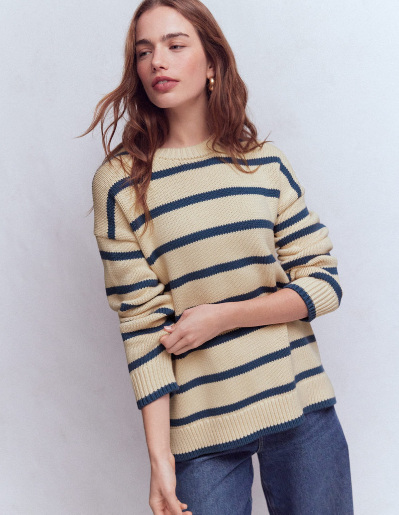 Lucy Oversized Cotton Jumper-Almond Milk/ Denim Blue Stripe 1