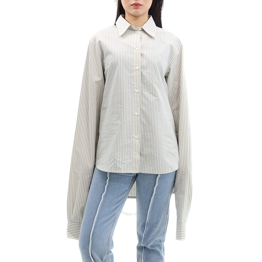 MM6 Ladies Ecru / Light Blue Striped Oversized Cotton Shirt - 1