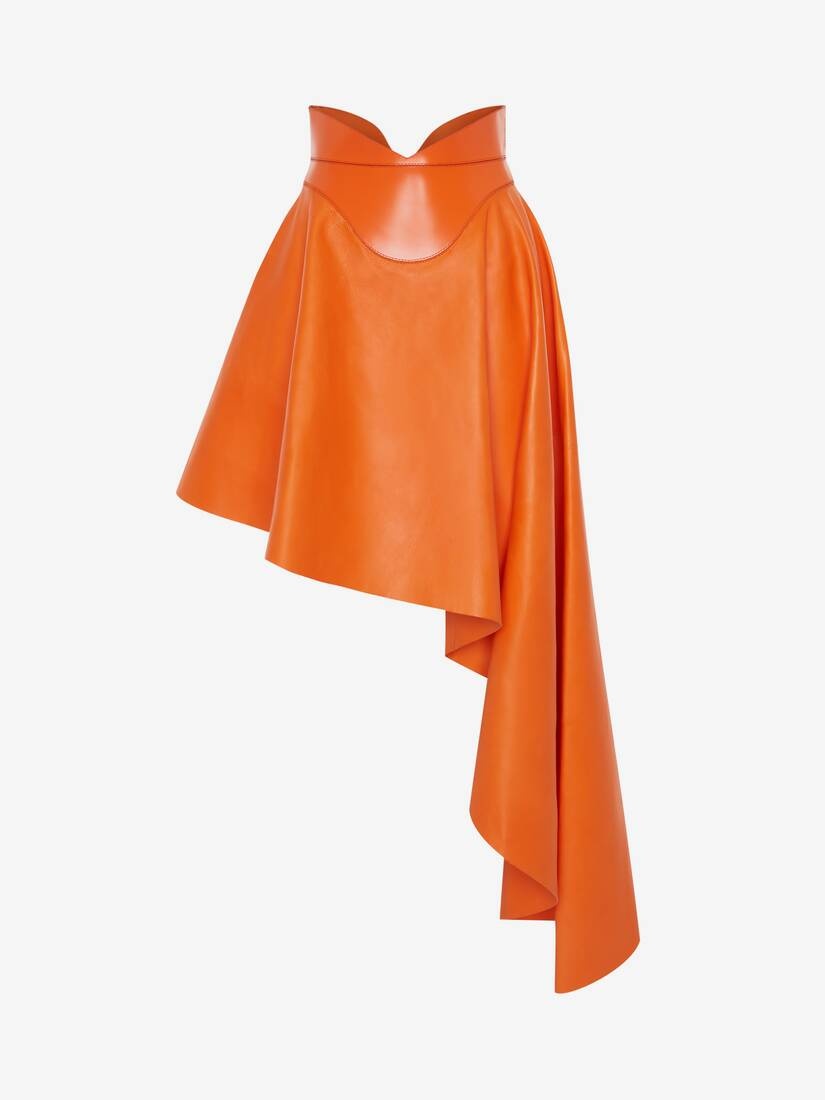 Women's Asymmetric Drape Leather Skirt in Sunset Orange - 1