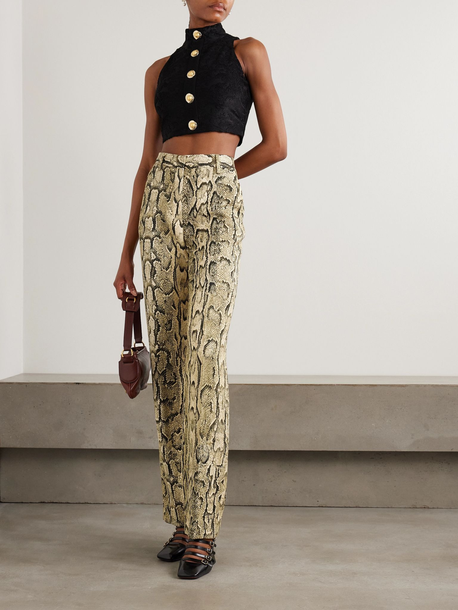Cropped button-embellished jacquard top Black - 2