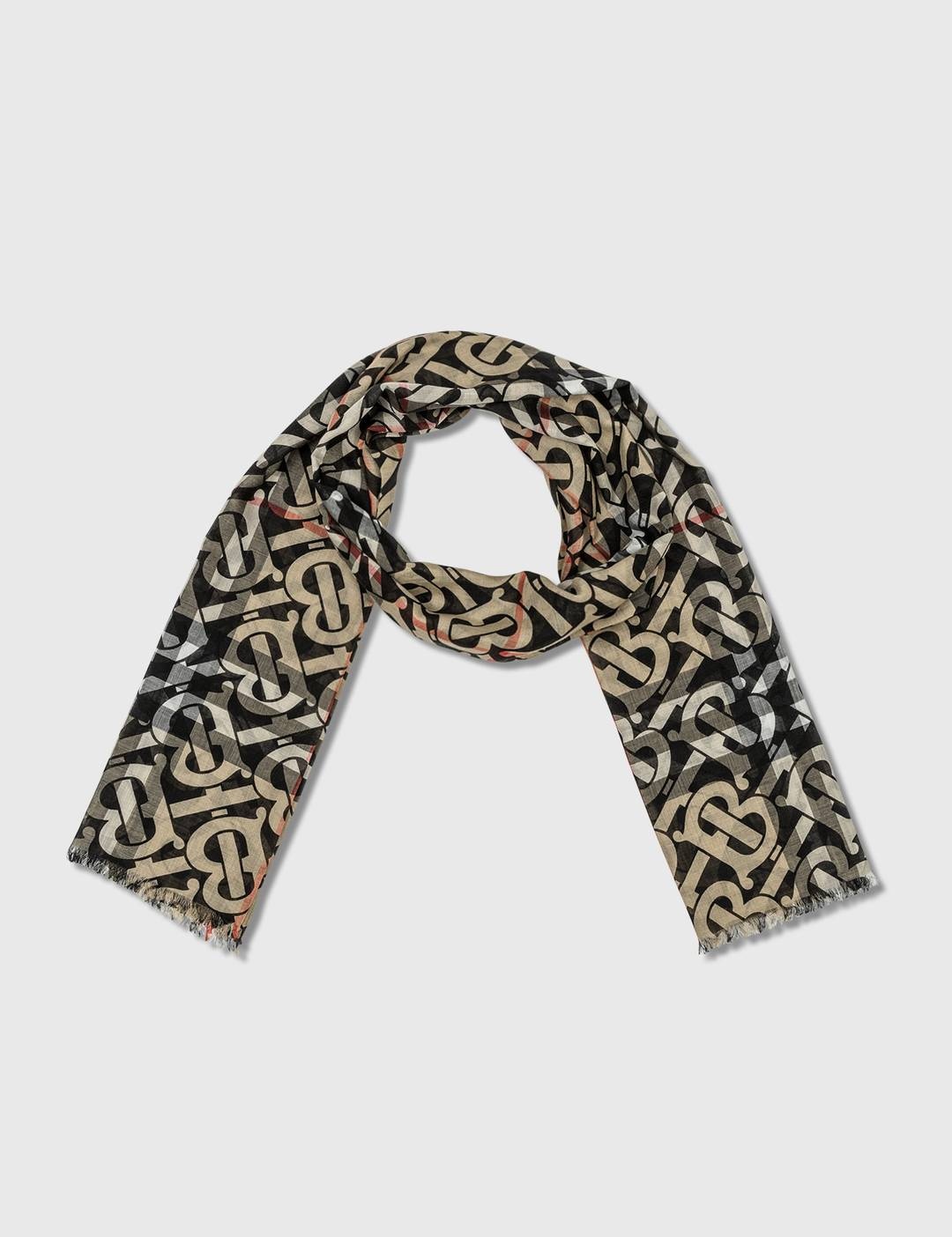 Monogram Print Lightweight Check Wool Silk Scarf - 2