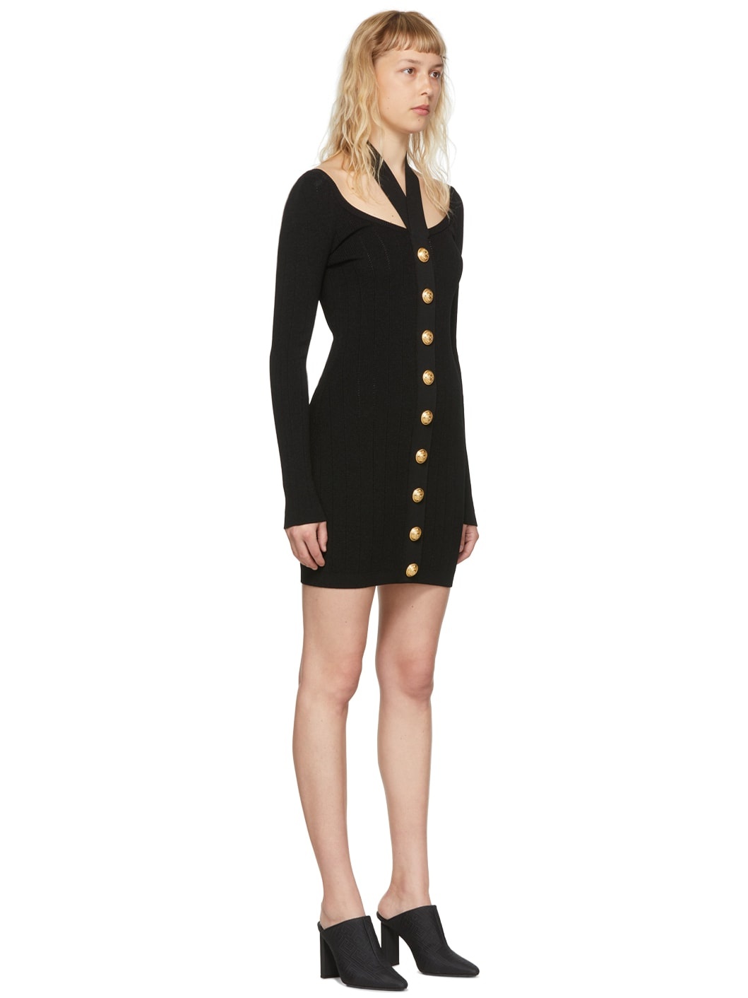 Black Viscose Button Mini Dress - 2