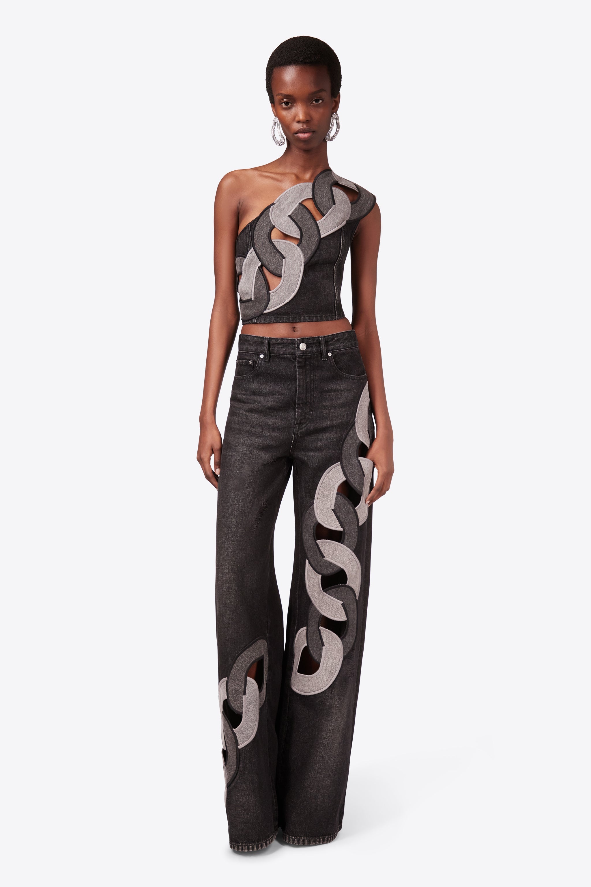 CHAIN CUTOUT WIDE LEG JEAN - 4