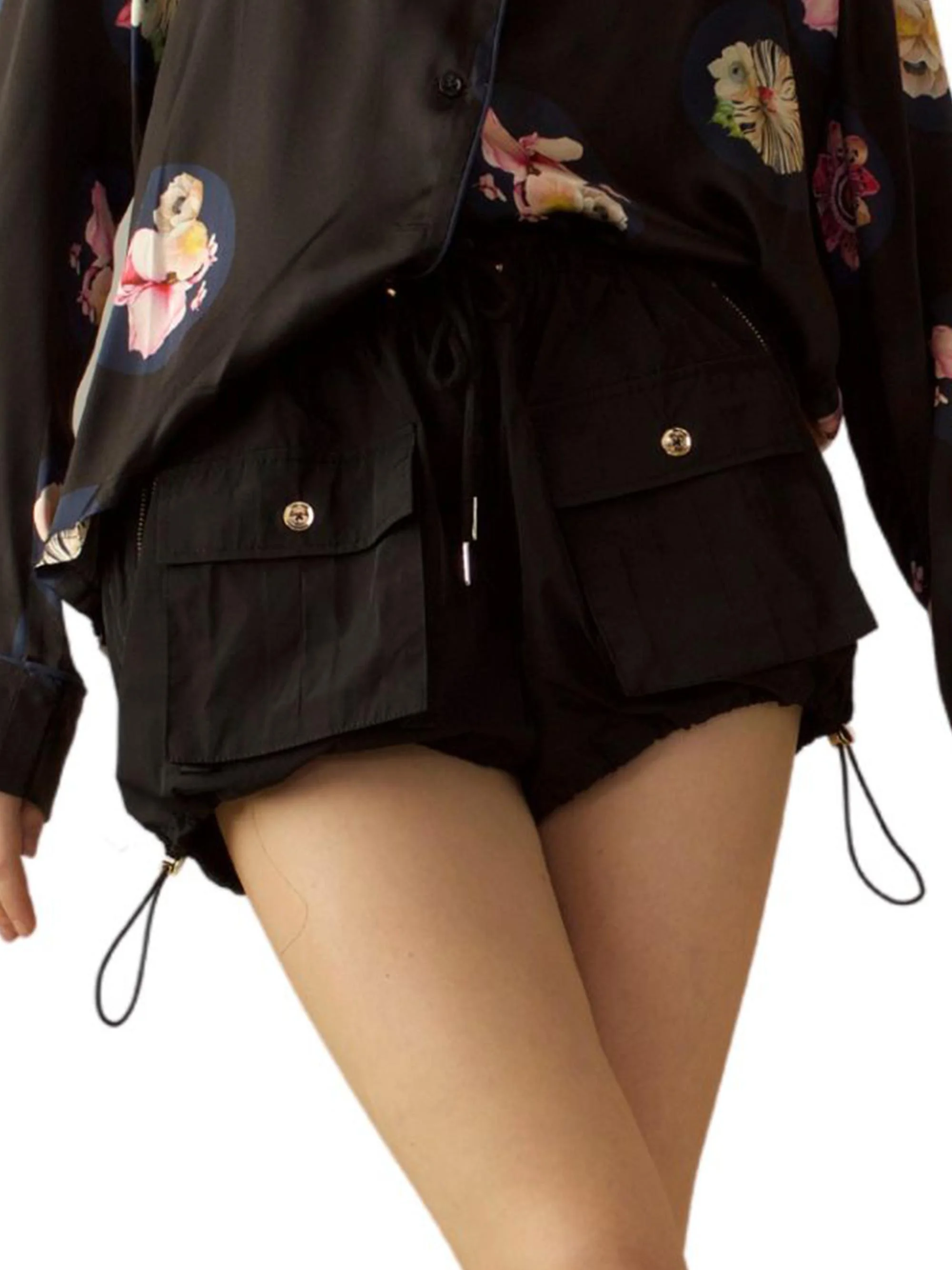 Women's Drawstring Shell Cargo Bloomers - Black - 1