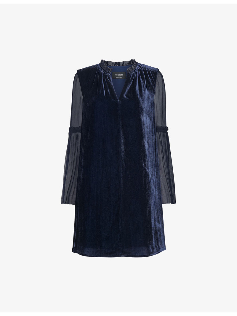 Frill-Neck Sheer-Sleeve Velvet Mini Dress 1