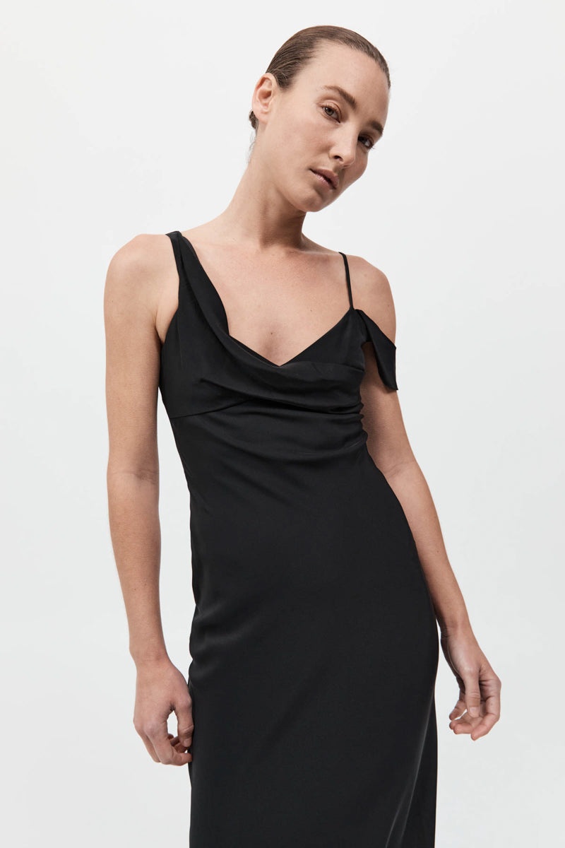 Silk Drape Dress - Black - 3