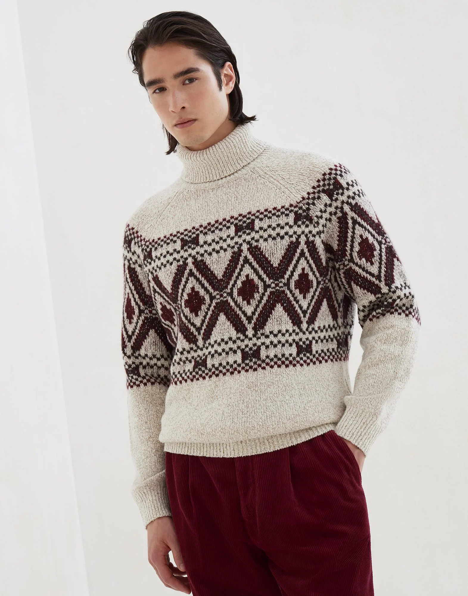 Geometric jacquard turtleneck sweater in mouliné virgin wool, silk and cashmere - 1
