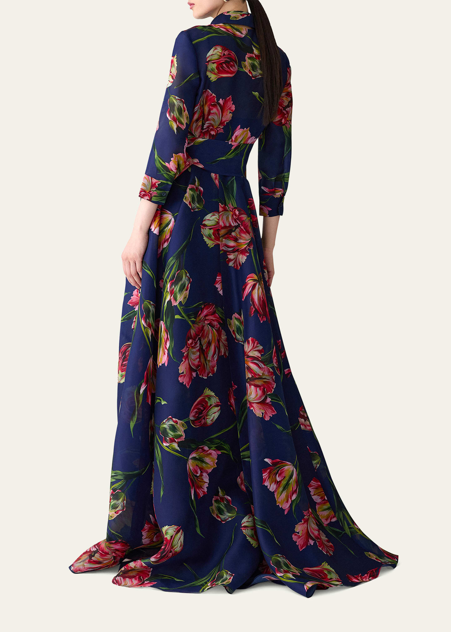 Floral Silk Belted Long-Sleeve Trench Gown - 3