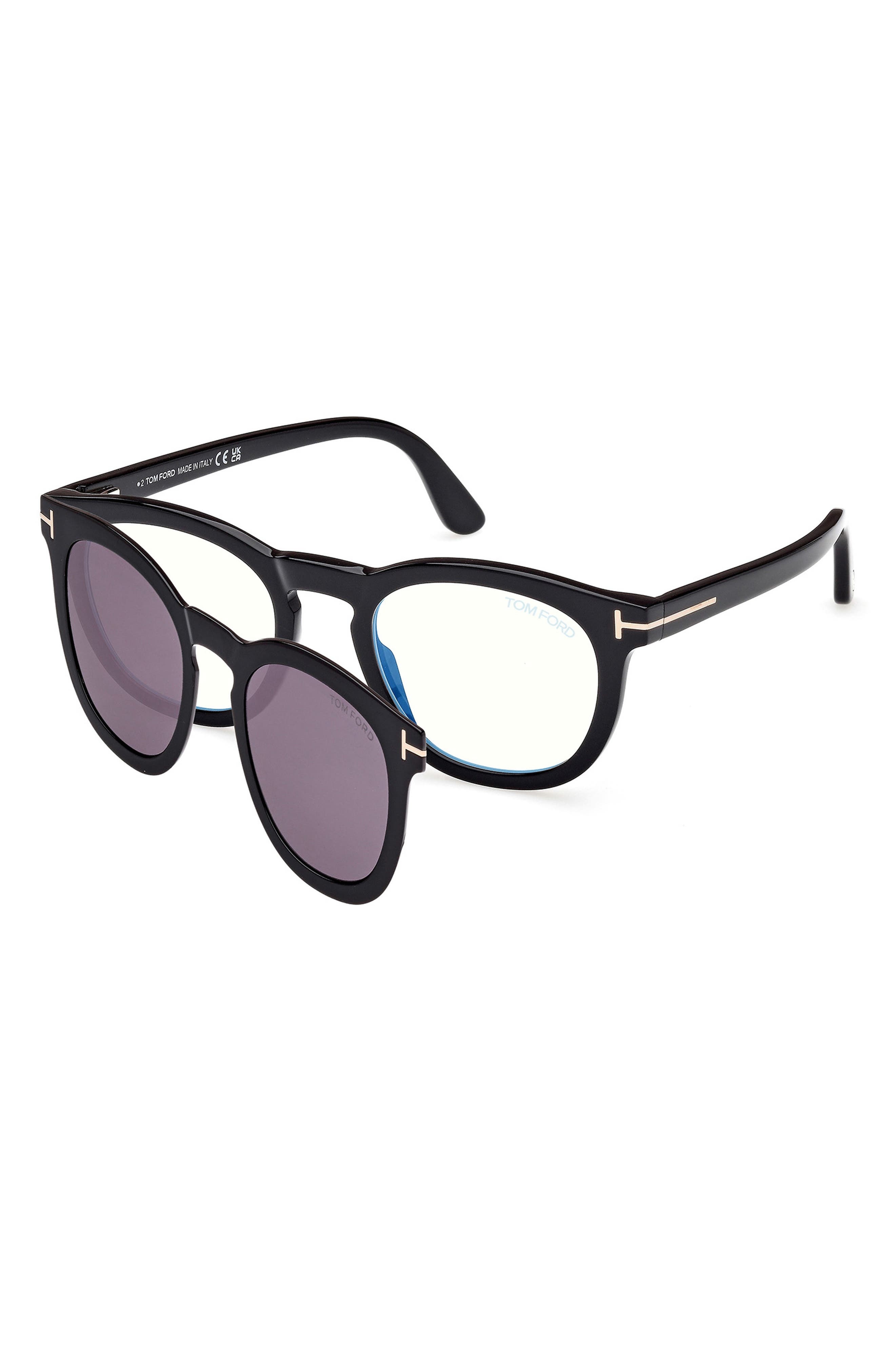 TOM FORD 50mm Small Round Blue Light Blocking Glasses in Black/Gold Eco /T Logo at Nordstrom - 8