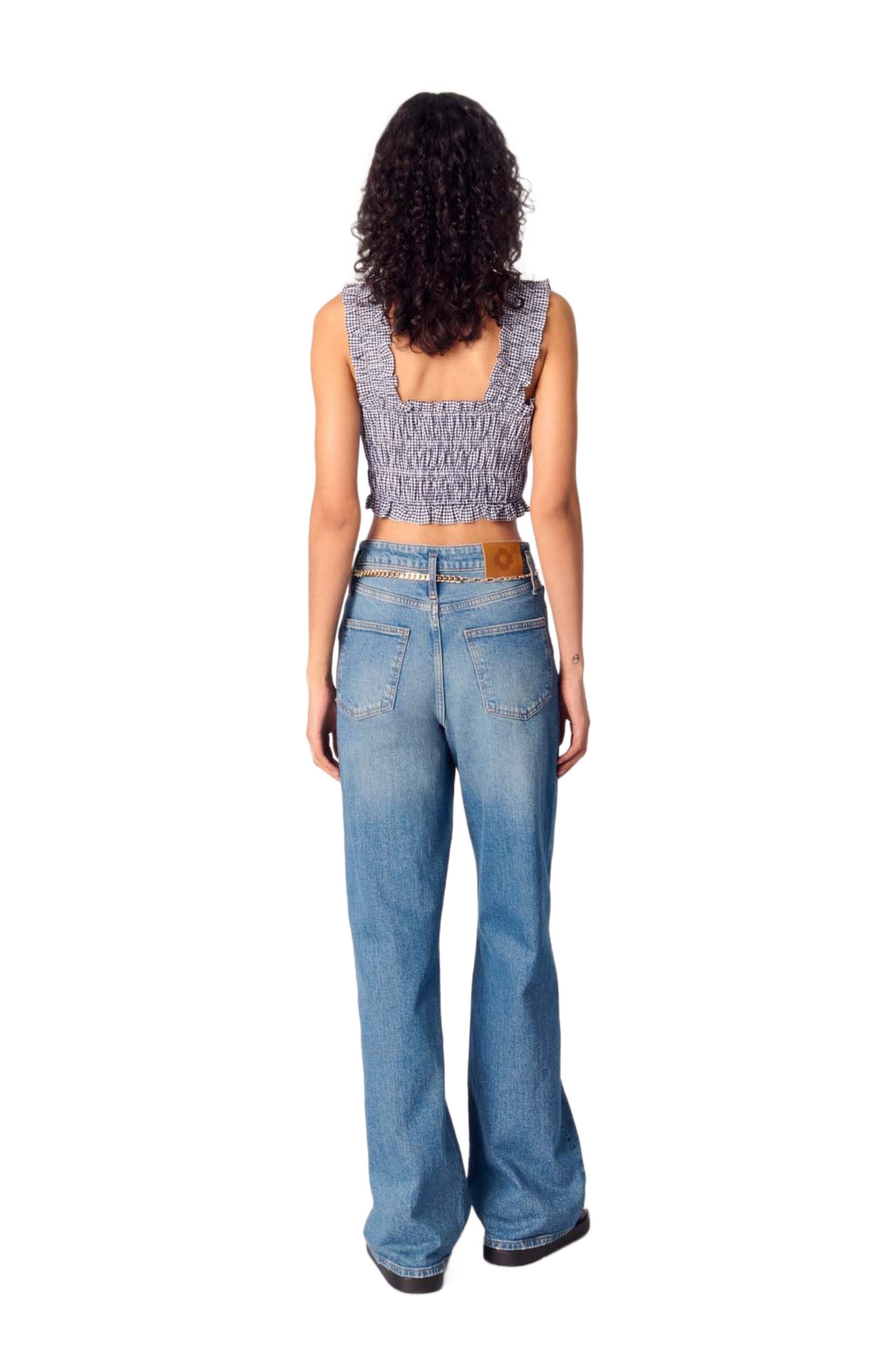 maje Gingham smocked crop top in Navy/white at Nordstrom - 2