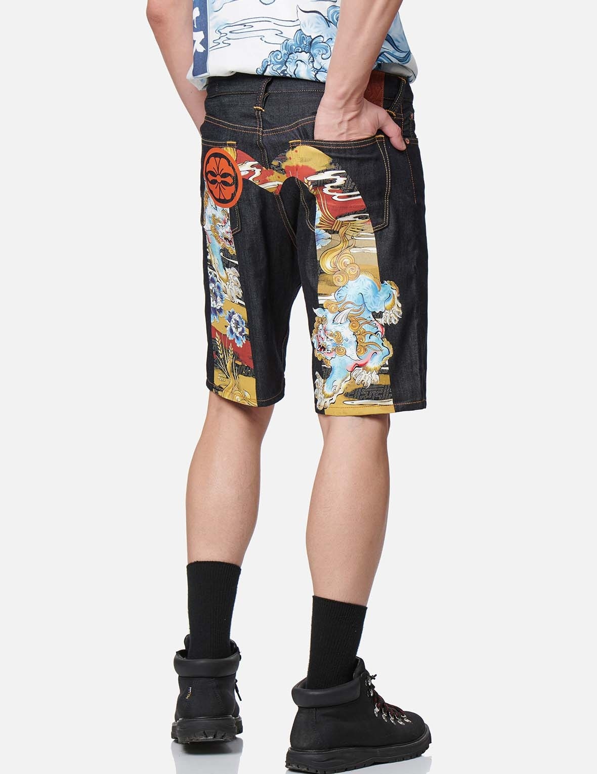 VINTAGE KOMAINU PAINTING DAICOCK PRINT DENIM SHORTS - 3