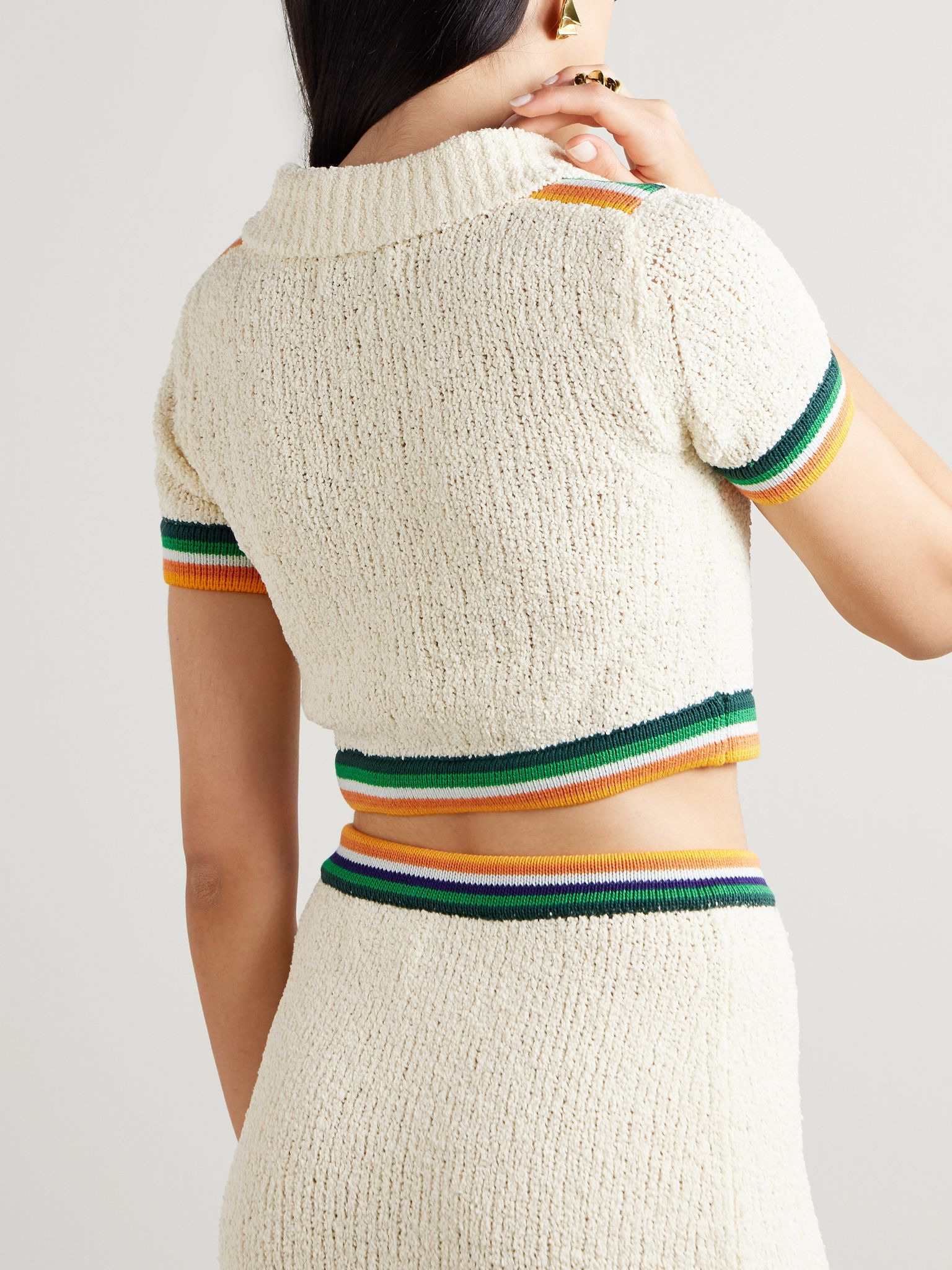 Cropped striped cotton-blend bouclé shirt Off-white - 3