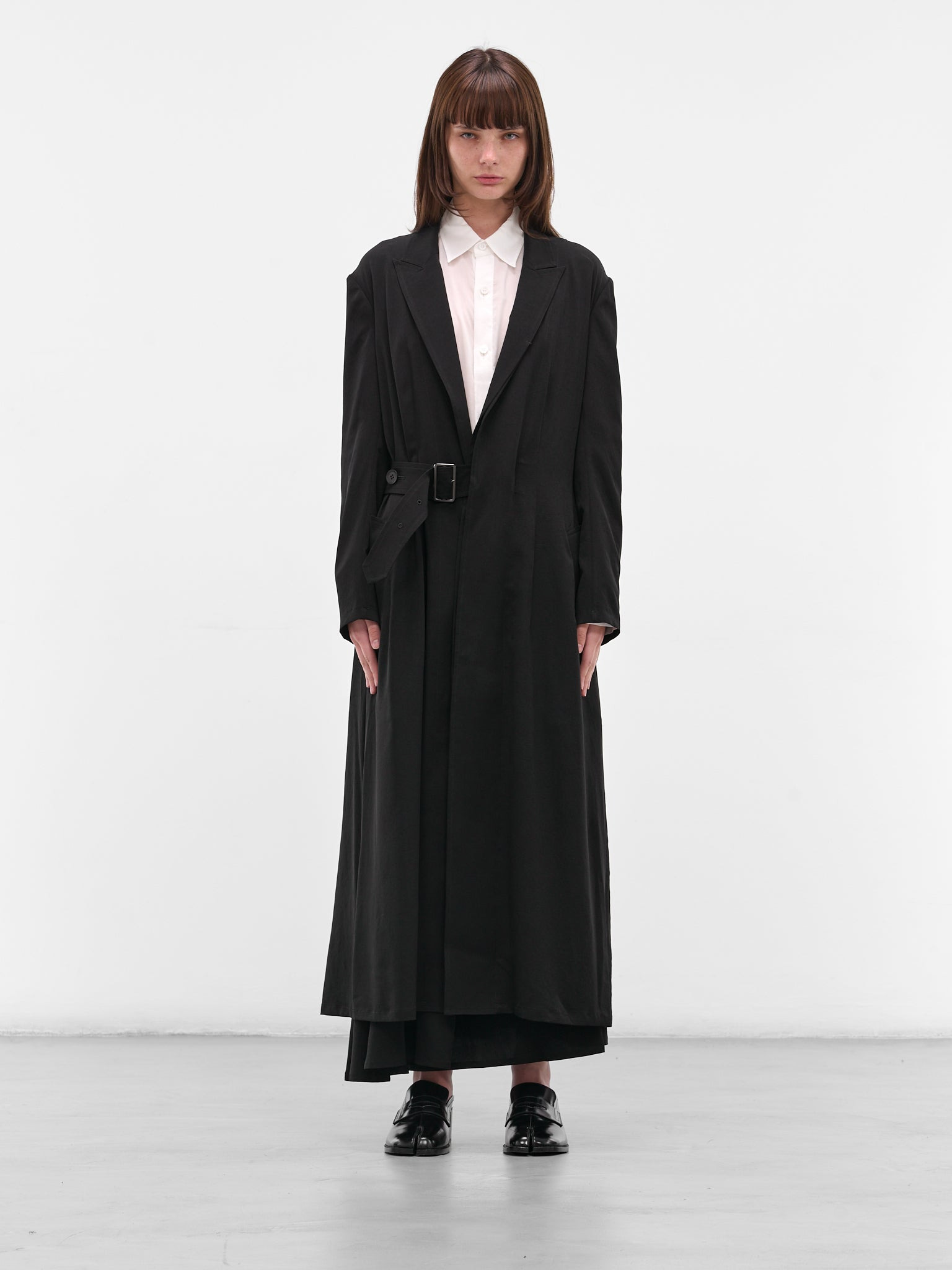 Black Crepe Belted Coat - 1