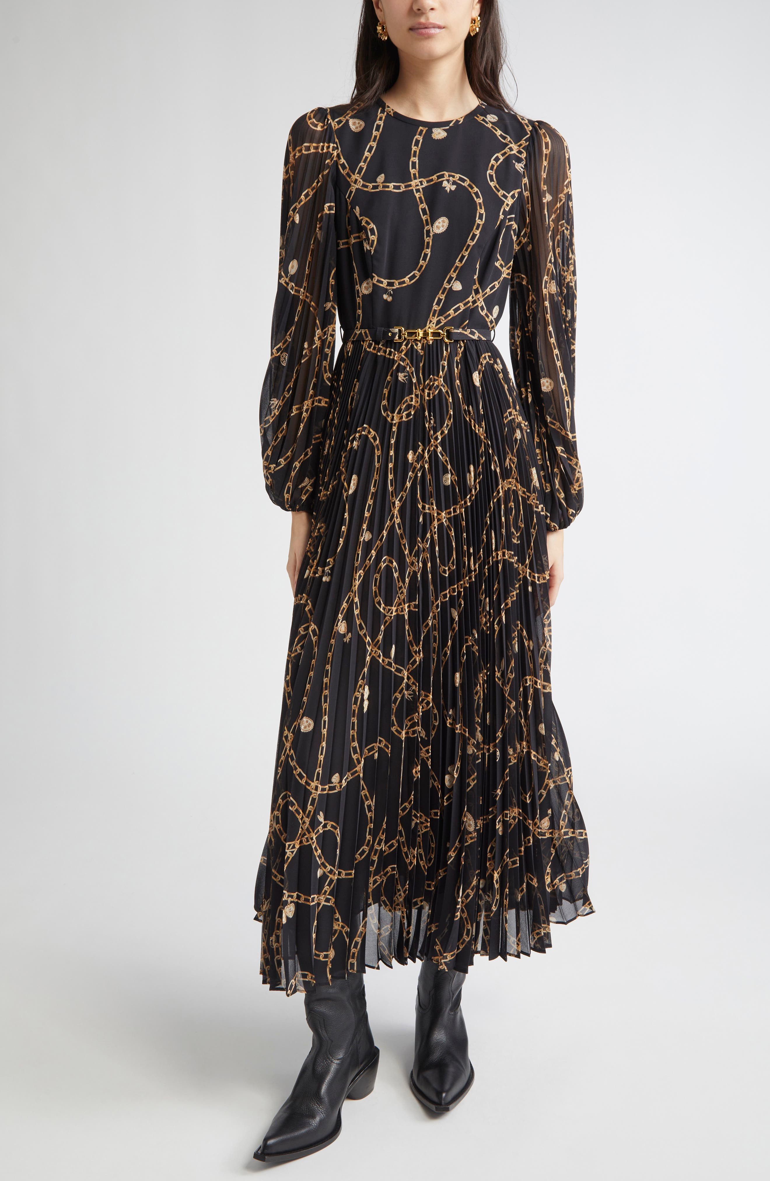Zimmermann Chain Print Long Sleeve Sunray Pleated Dress in Black Charms at Nordstrom - 1