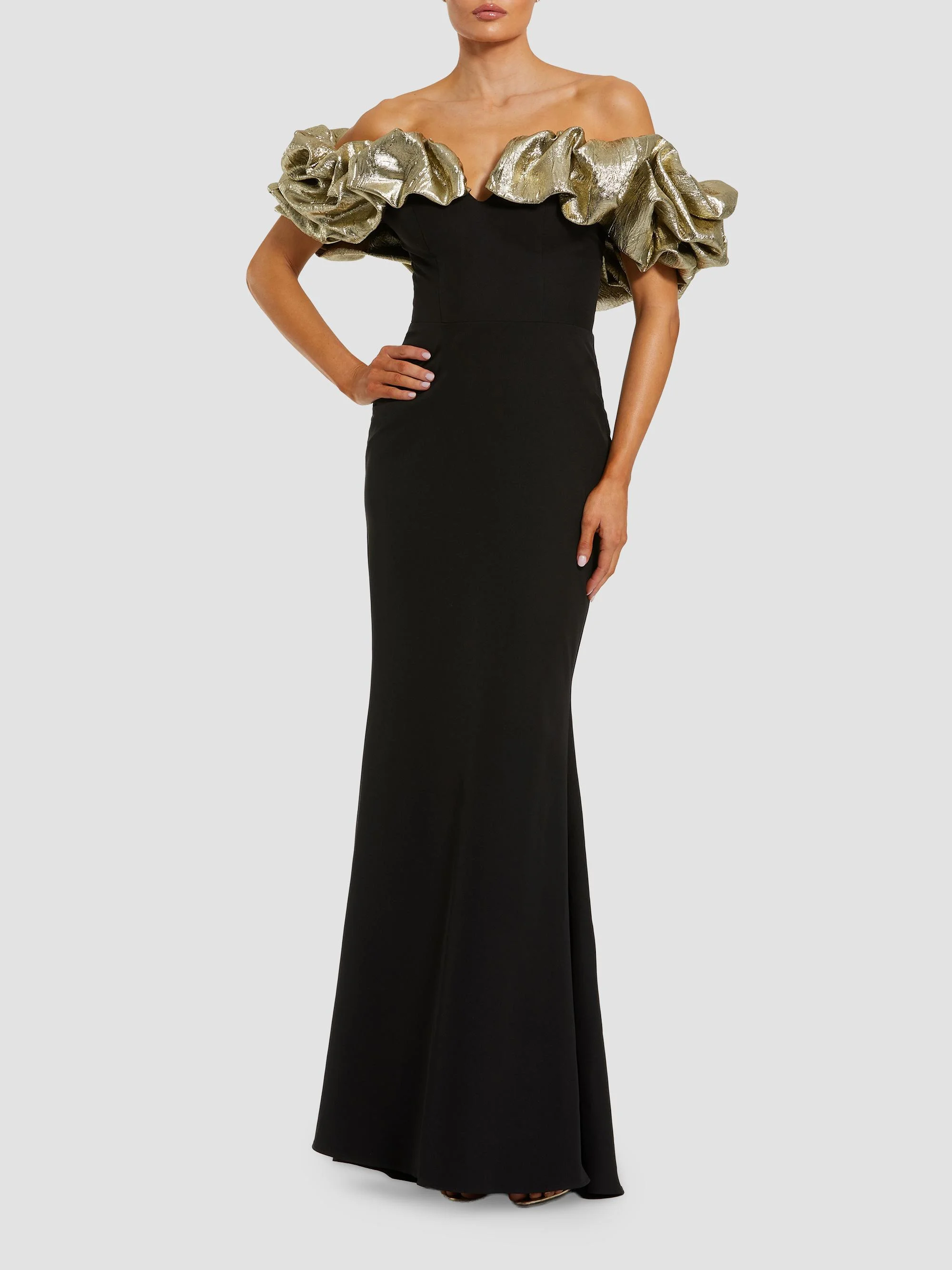 Women's Ruffle Off-The-Shoulder Crepe Mermaid Gown - Black Gold - 1