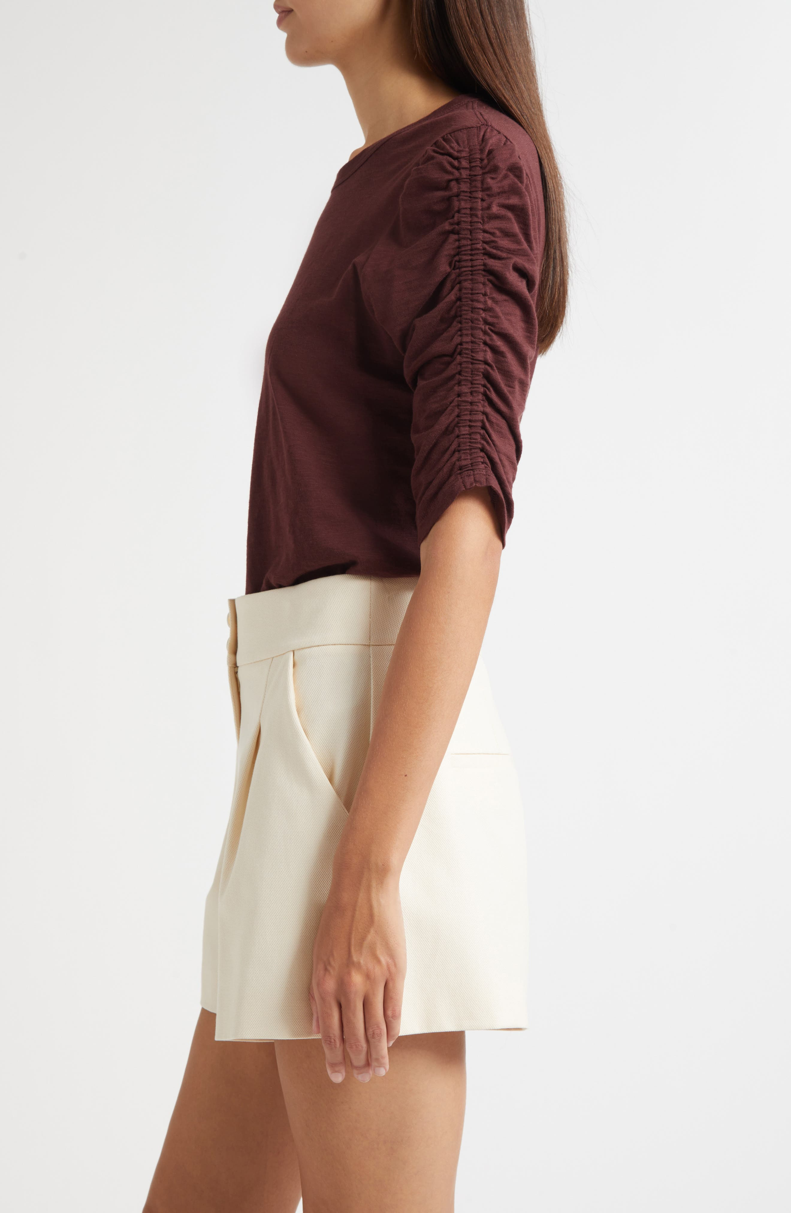Veronica Beard Waldorf Ruched Sleeve Cotton Slub Top in Raisin at Nordstrom - 3