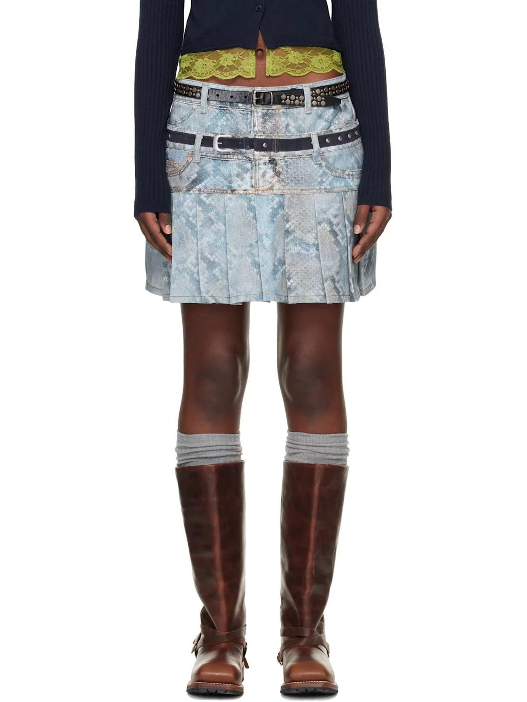 Blue Python Fade Denim Printed Miniskirt - 1