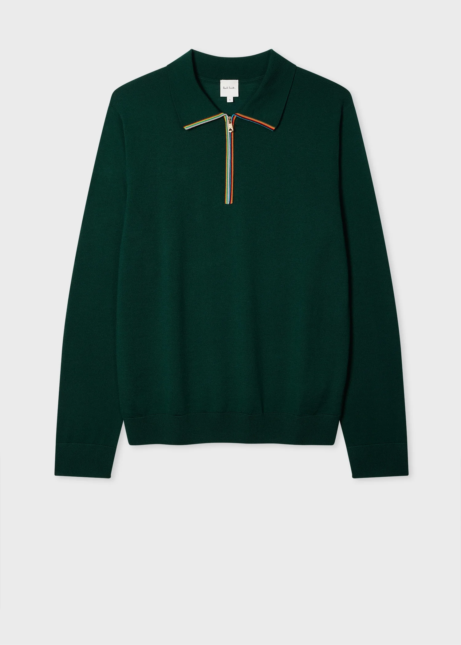 Dark Green 'Signature Stripe' Zip Trim Merino Wool Polo Shirt - 1