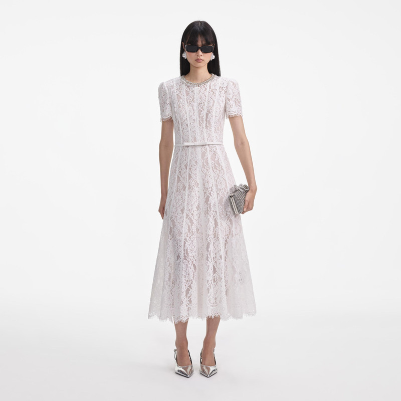self-portrait White Sequin Lace Midi Dress - RS25-926M-W | REVERSIBLE