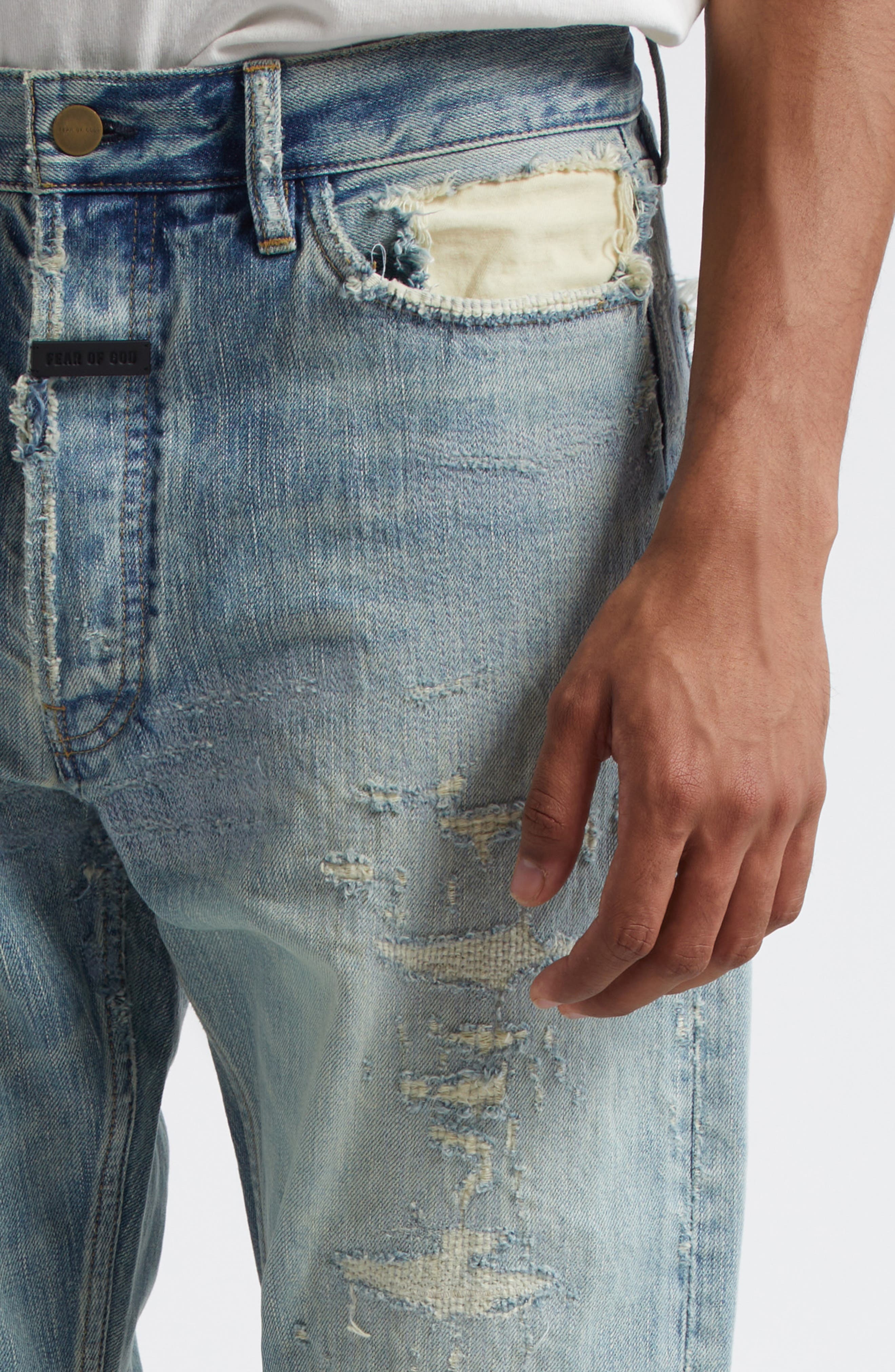 Fear of God Rip & Repair Straight Leg Jeans in Repaired Indigo 2 at Nordstrom - 5
