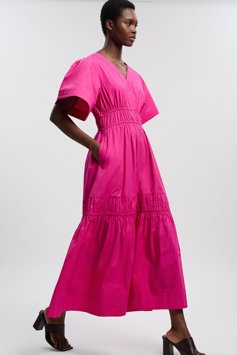 Cotton Woven Shirred Tiered Short Sleeve Maxi Dress 2