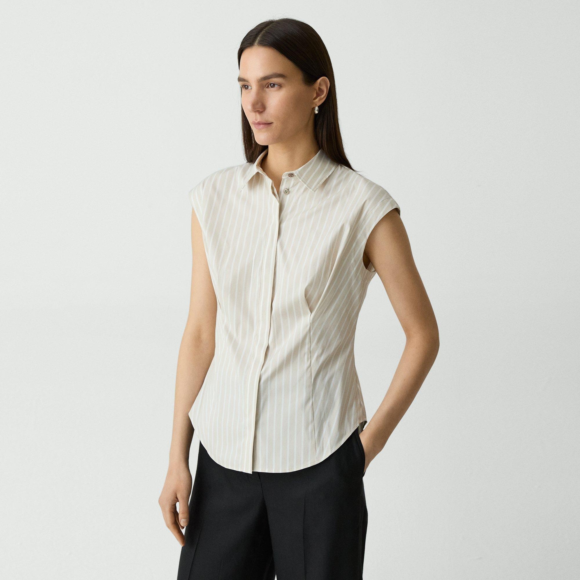 Cinched Cap-Sleeve Shirt in Striped Cotton-Blend - 3