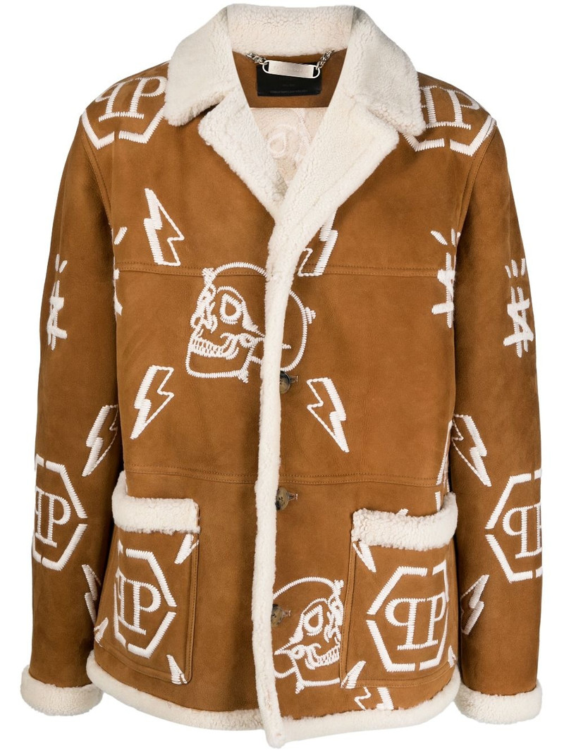 logo-embroidered suede coat 1