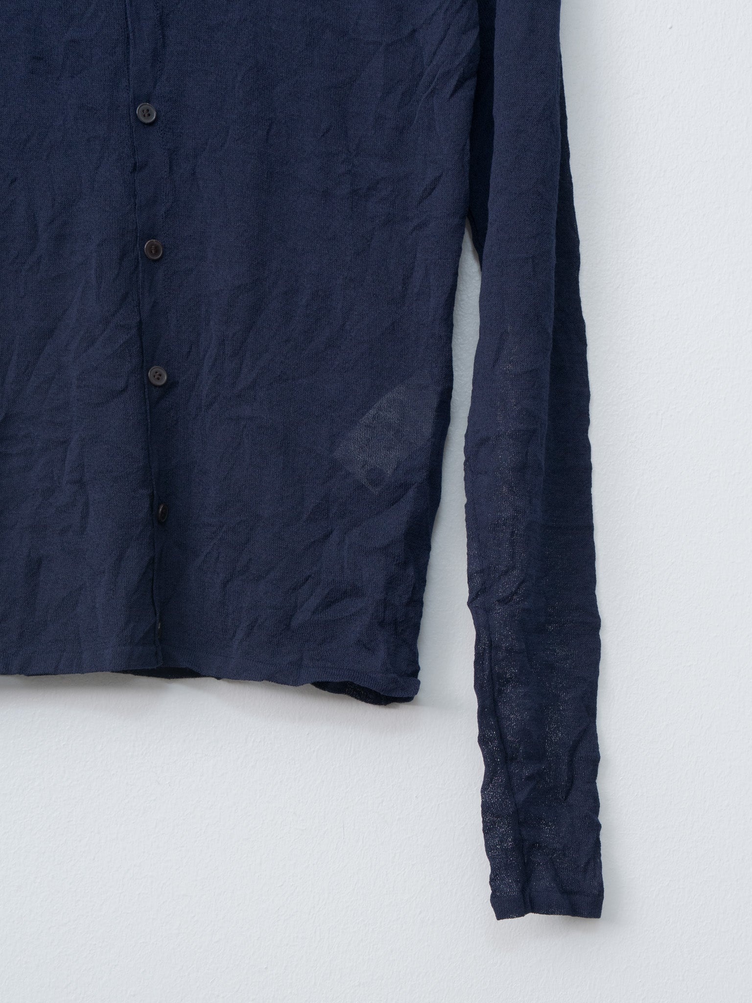 Wrinkled Wool Polyester High Gauge Knit Crew Neck Cardigan - Navy - 5
