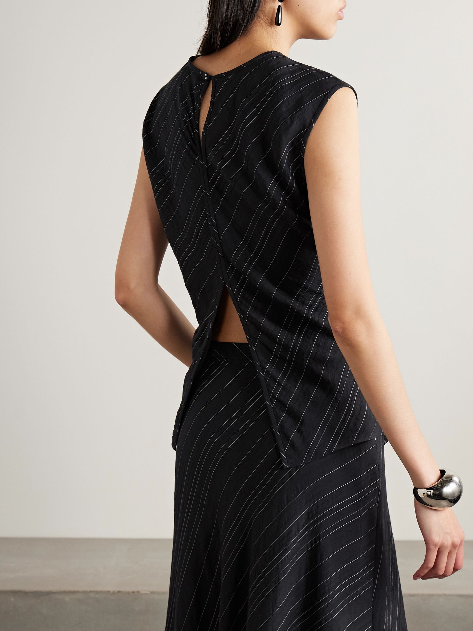 Trina belted striped voile top Black - 3